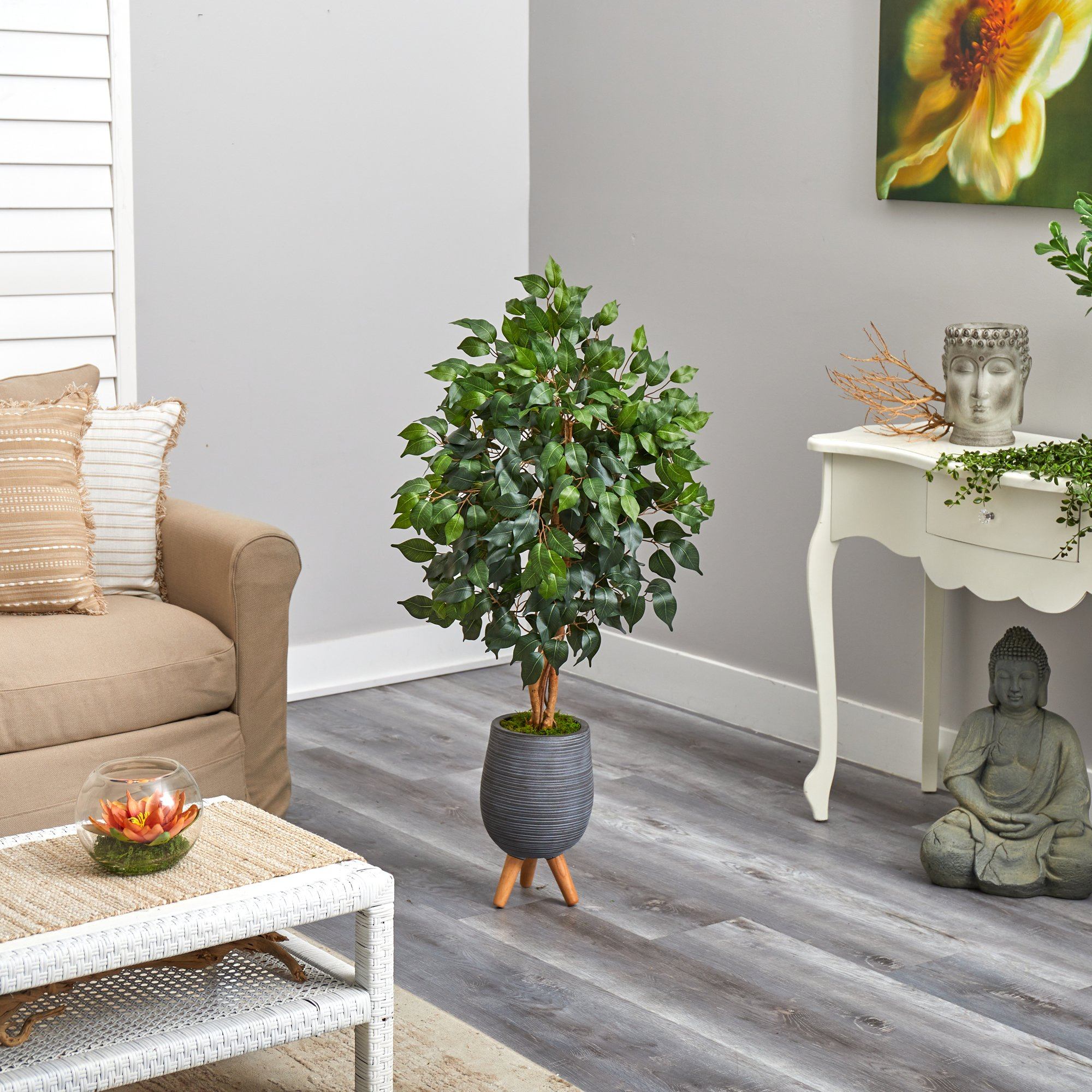 4’ Ficus Artificial Tree in Gray Planter with Stand - Image 3