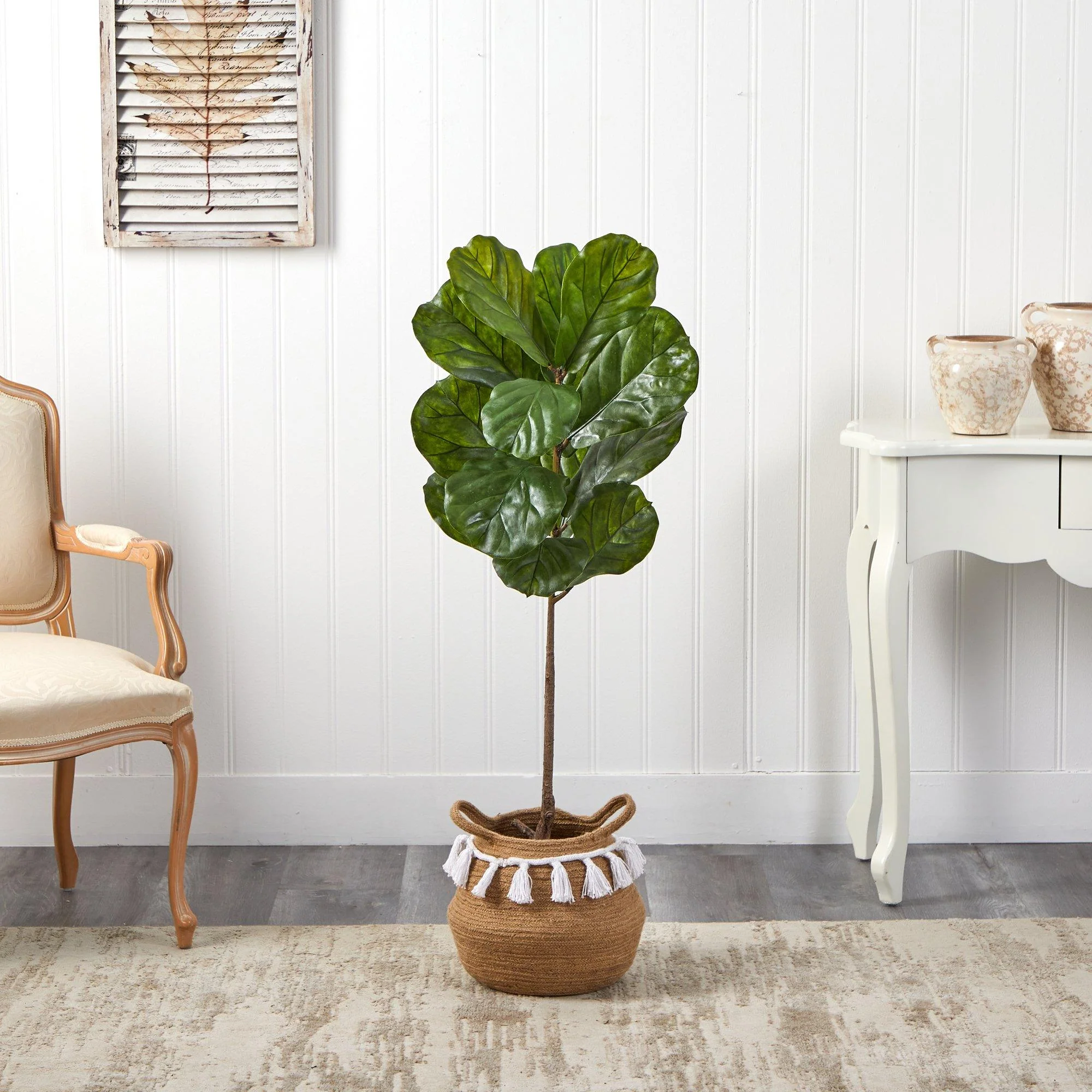 4’ Fiddle Leaf Tree in Boho Chic Handmade Natural Cotton Woven Planter with Tassels UV Resistant - Image 3