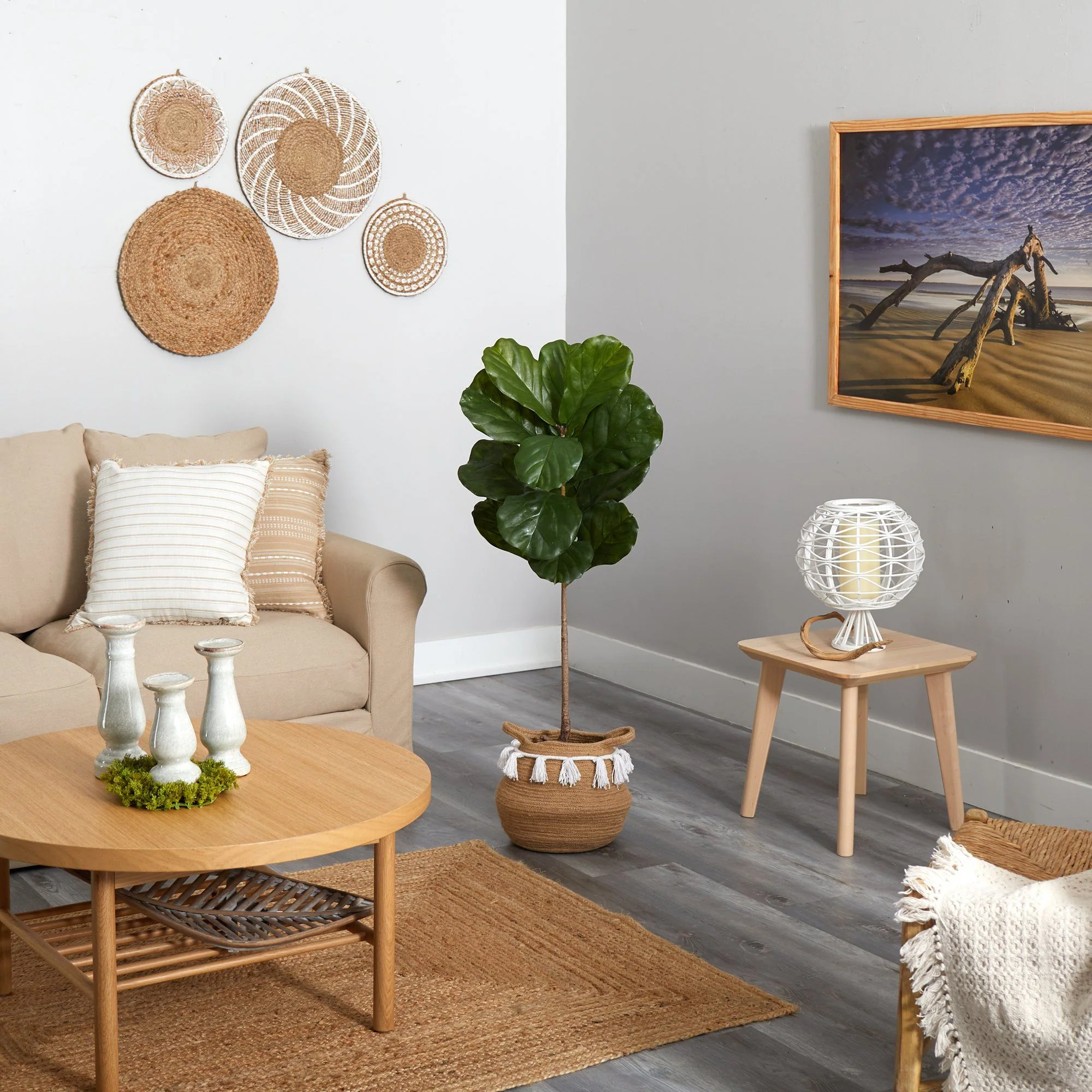 4’ Fiddle Leaf Tree in Boho Chic Handmade Natural Cotton Woven Planter with Tassels UV Resistant - Image 4