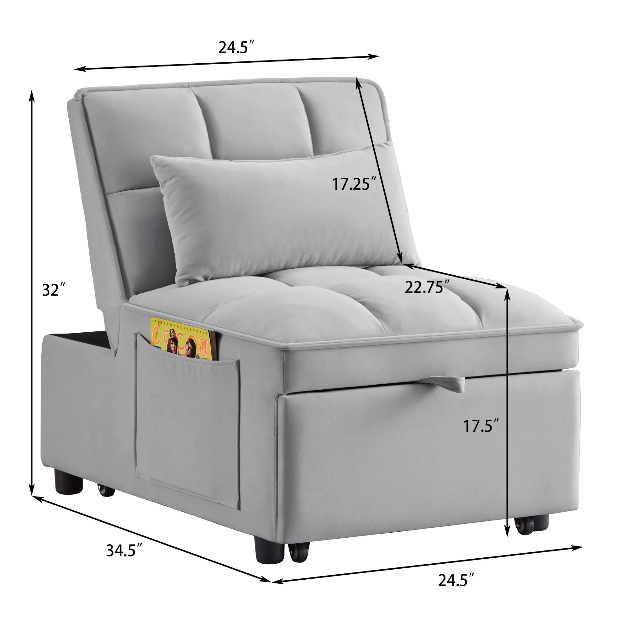 4 in 1 Multi-Function Single Sofa Bed with Storage Pockets Gray - Image 12