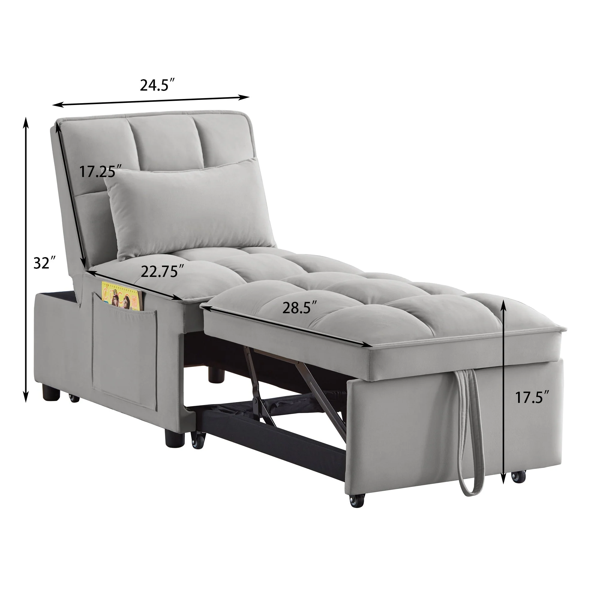 4 in 1 Multi-Function Single Sofa Bed with Storage Pockets Gray - Image 13
