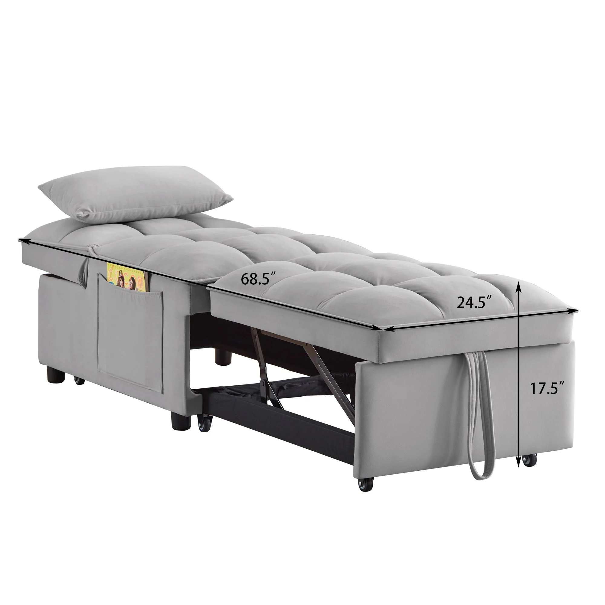 4 in 1 Multi-Function Single Sofa Bed with Storage Pockets Gray - Image 14