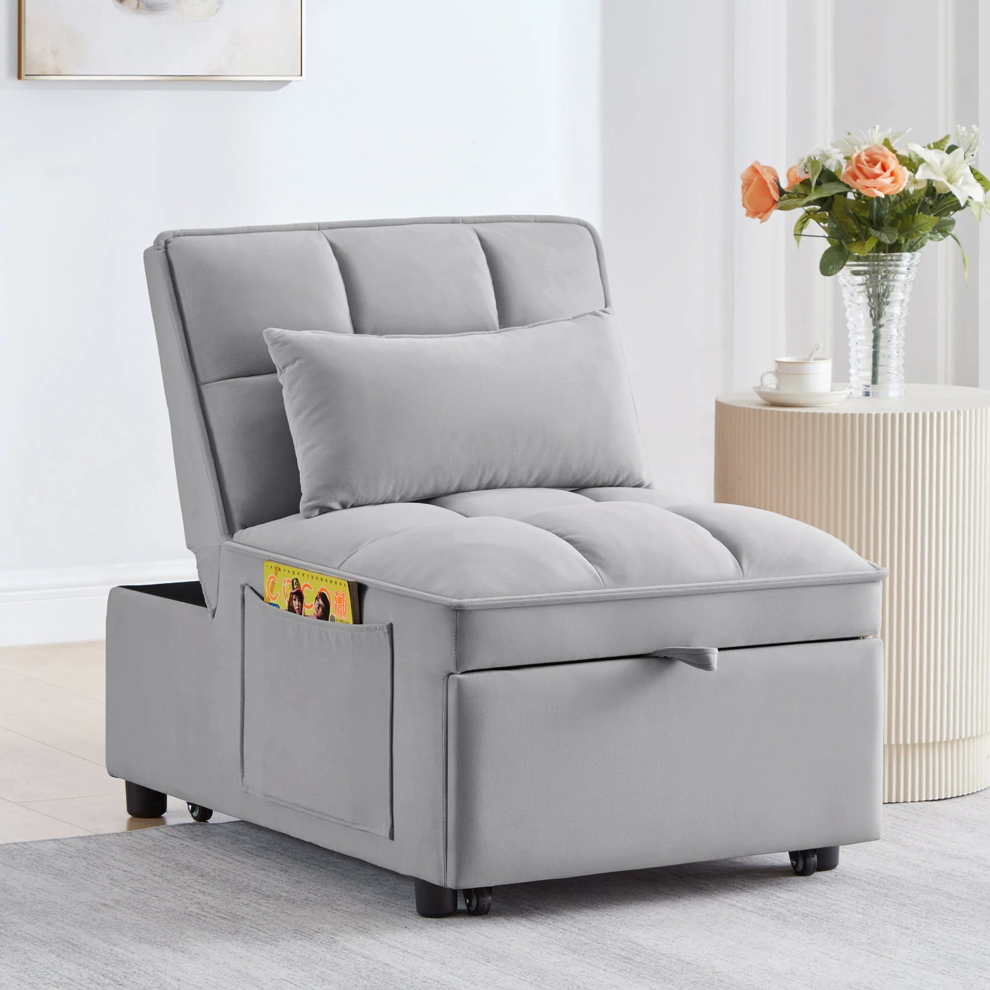 4 in 1 Multi-Function Single Sofa Bed with Storage Pockets Gray - Image 2