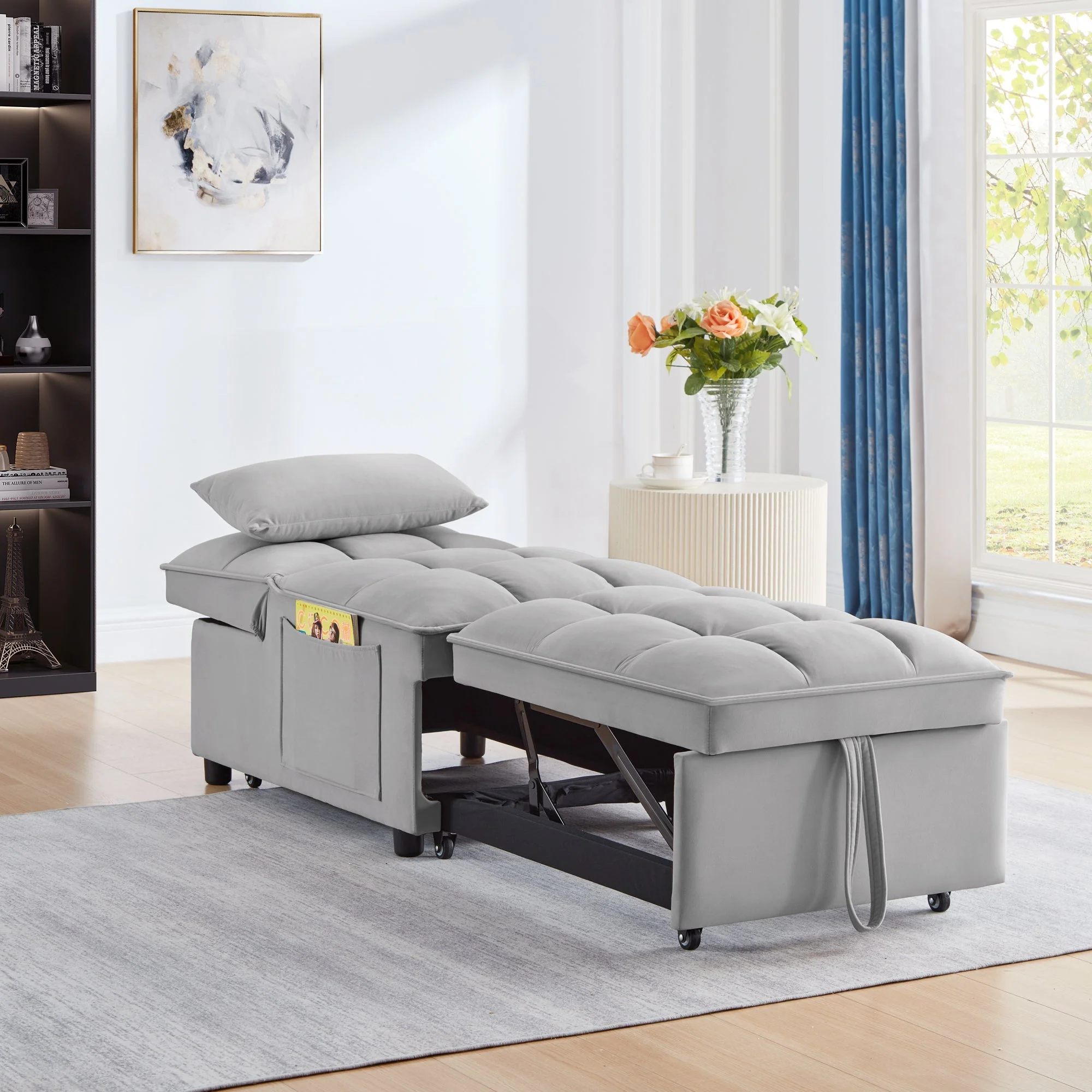 4 in 1 Multi-Function Single Sofa Bed with Storage Pockets Gray - Image 3