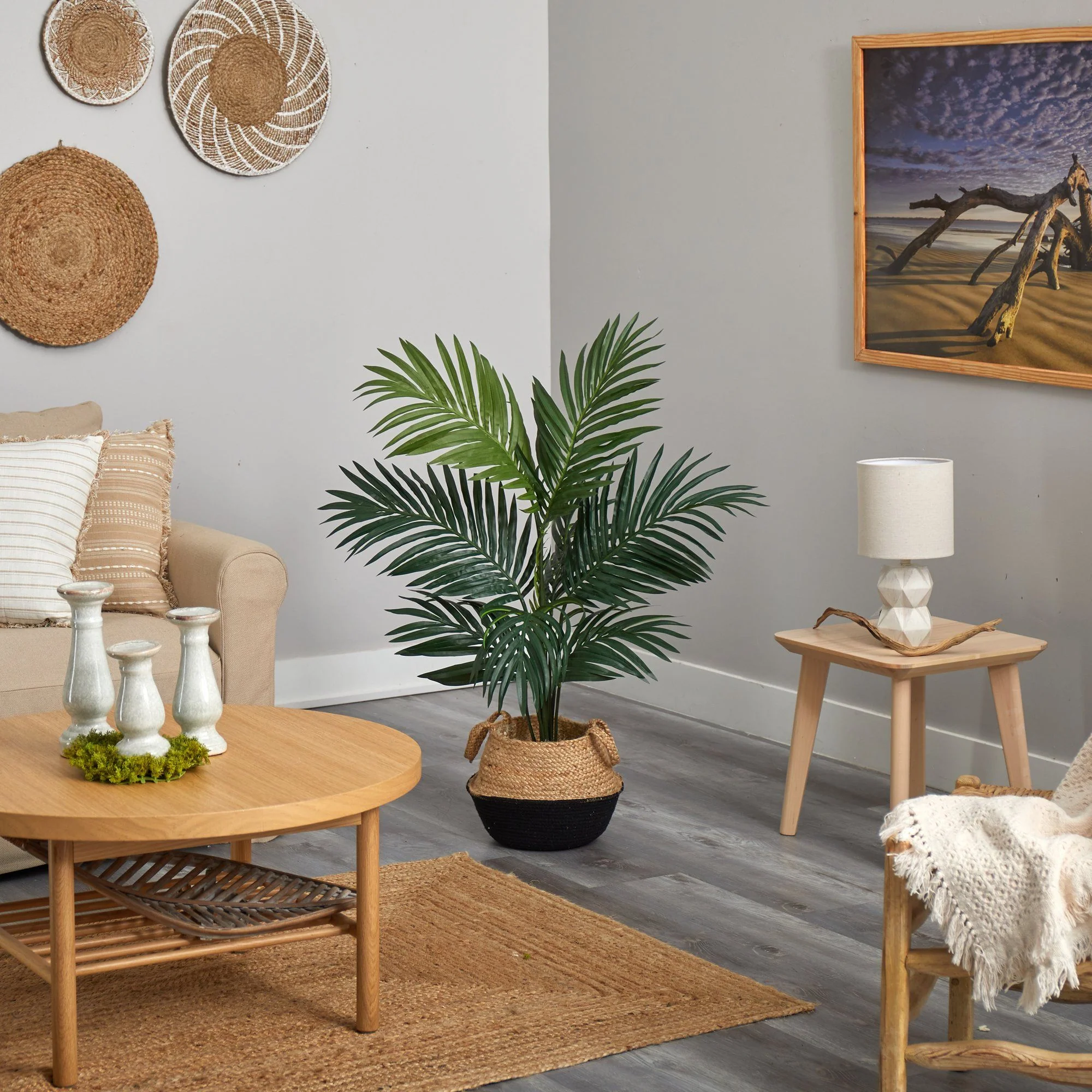 4' Kentia Palm Artificial Tree in Boho Chic Handmade Cotton & Jute Black Woven Planter - Image 4