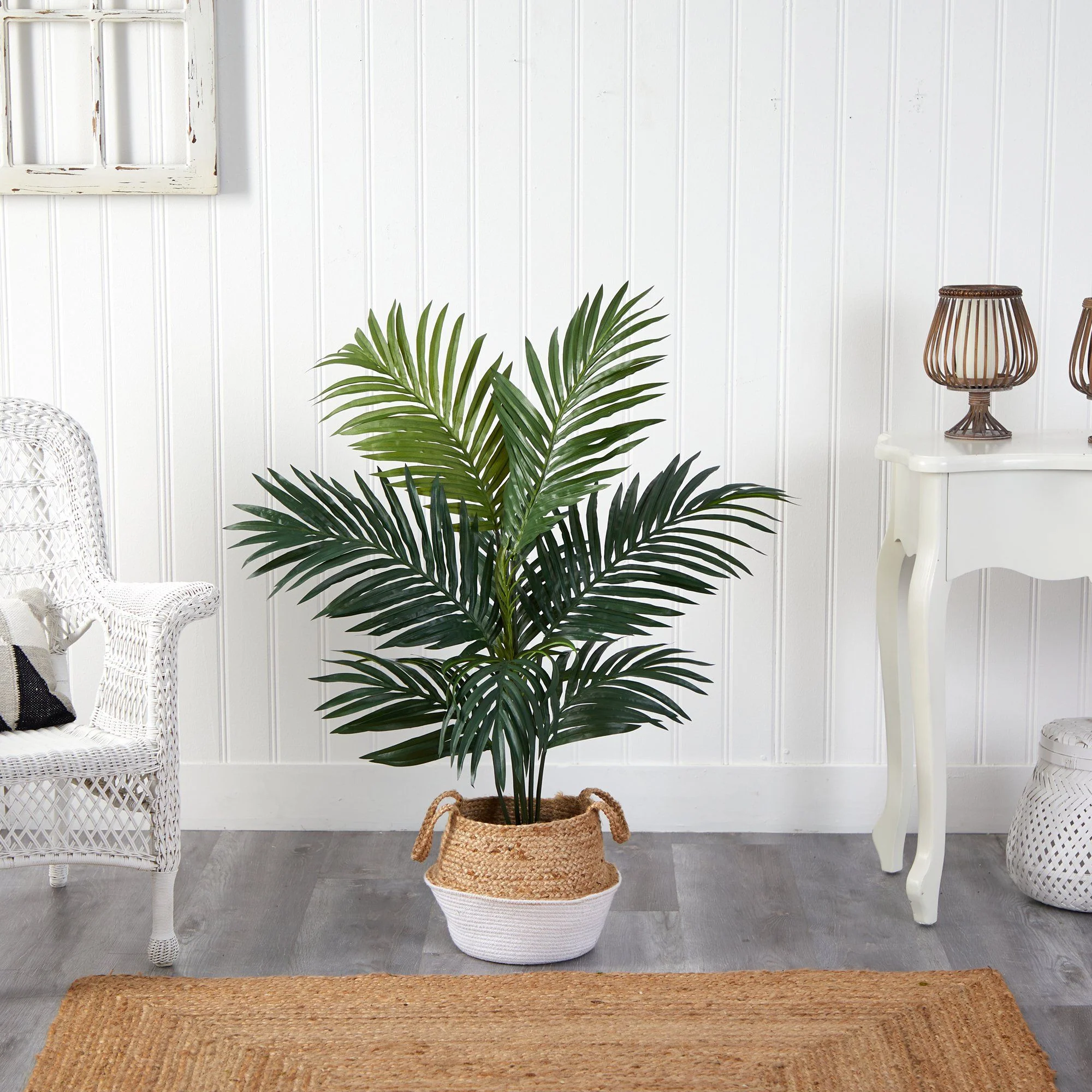 4' Kentia Palm Artificial Tree in Boho Chic Handmade Cotton & Jute White Woven Planter - Image 3