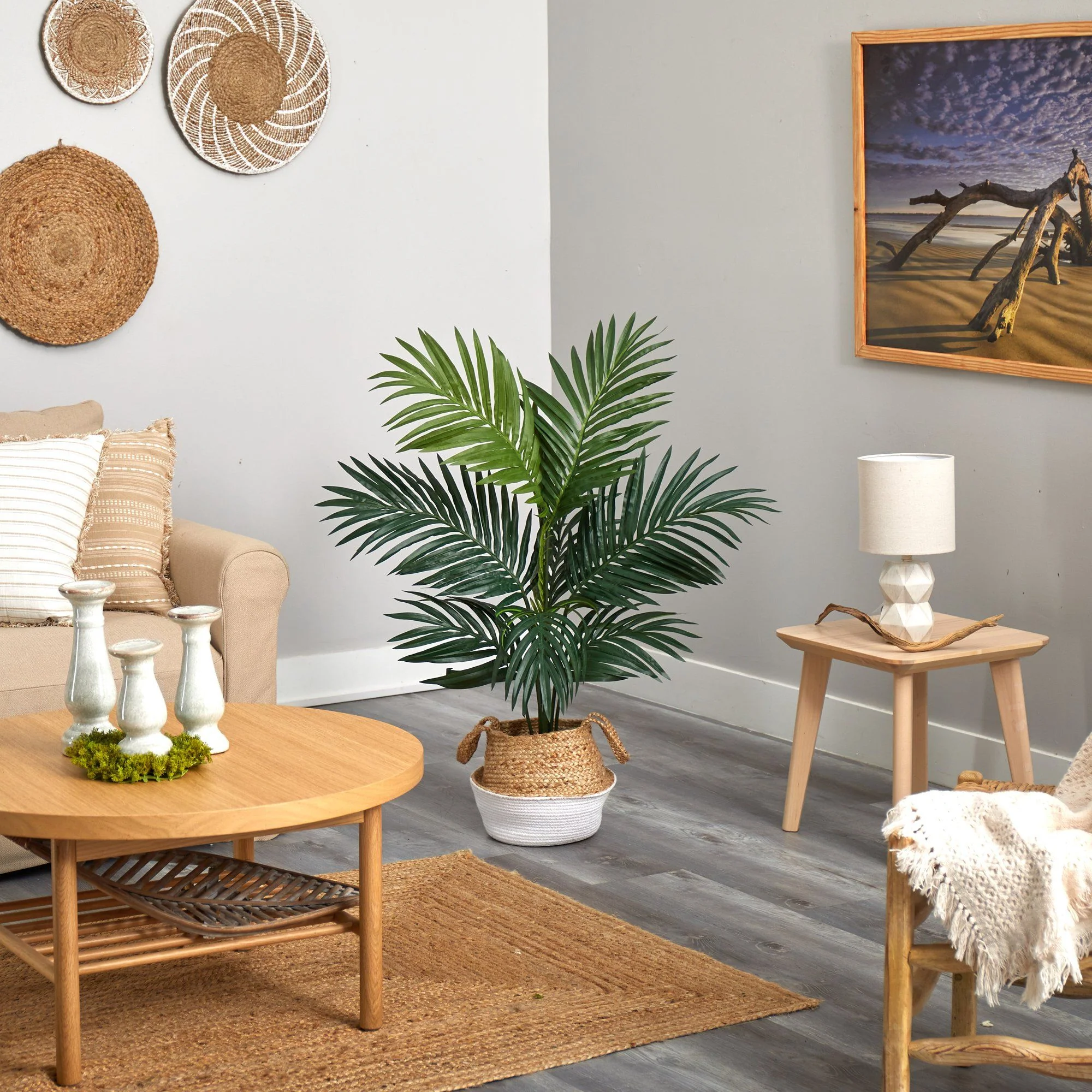 4' Kentia Palm Artificial Tree in Boho Chic Handmade Cotton & Jute White Woven Planter - Image 4