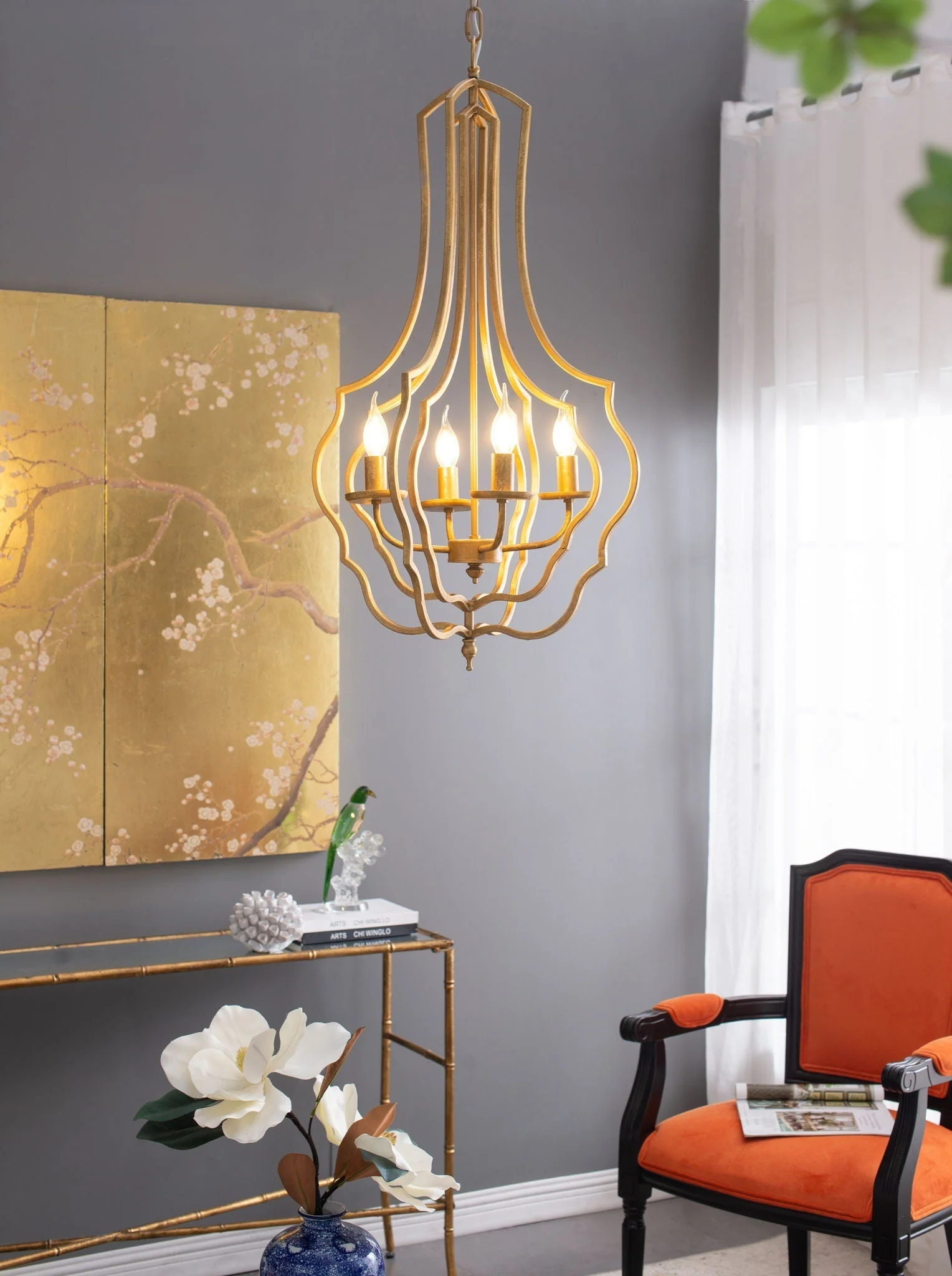 4 Light Chandelier With Adjustable Chain - Gold - Image 2