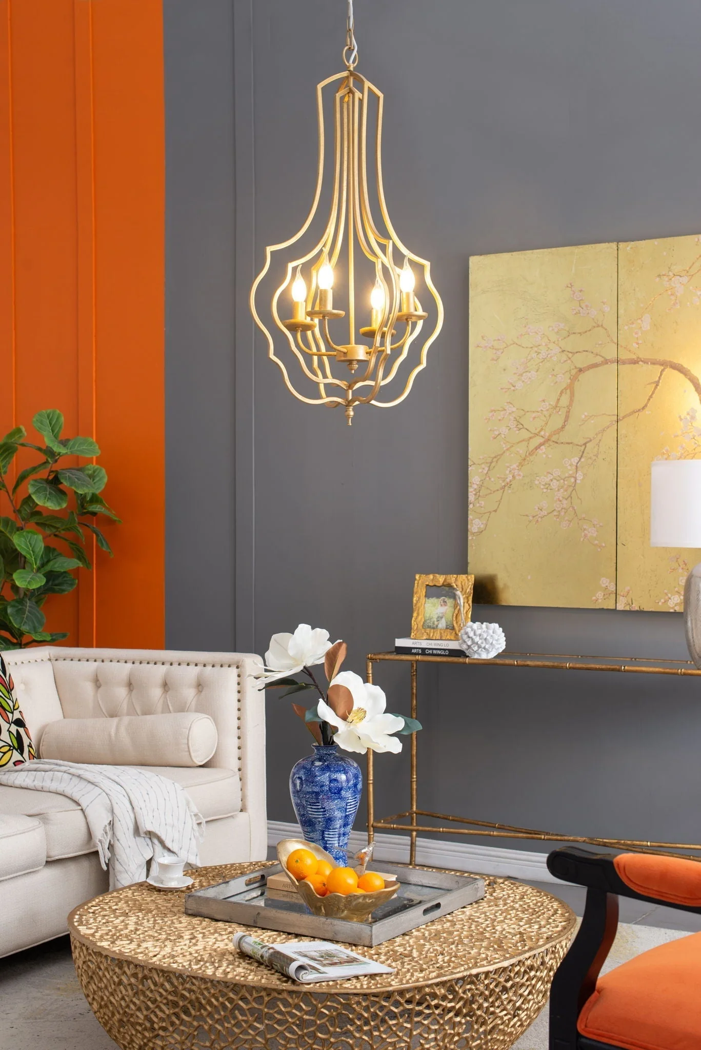 4 Light Chandelier With Adjustable Chain - Gold - Image 3