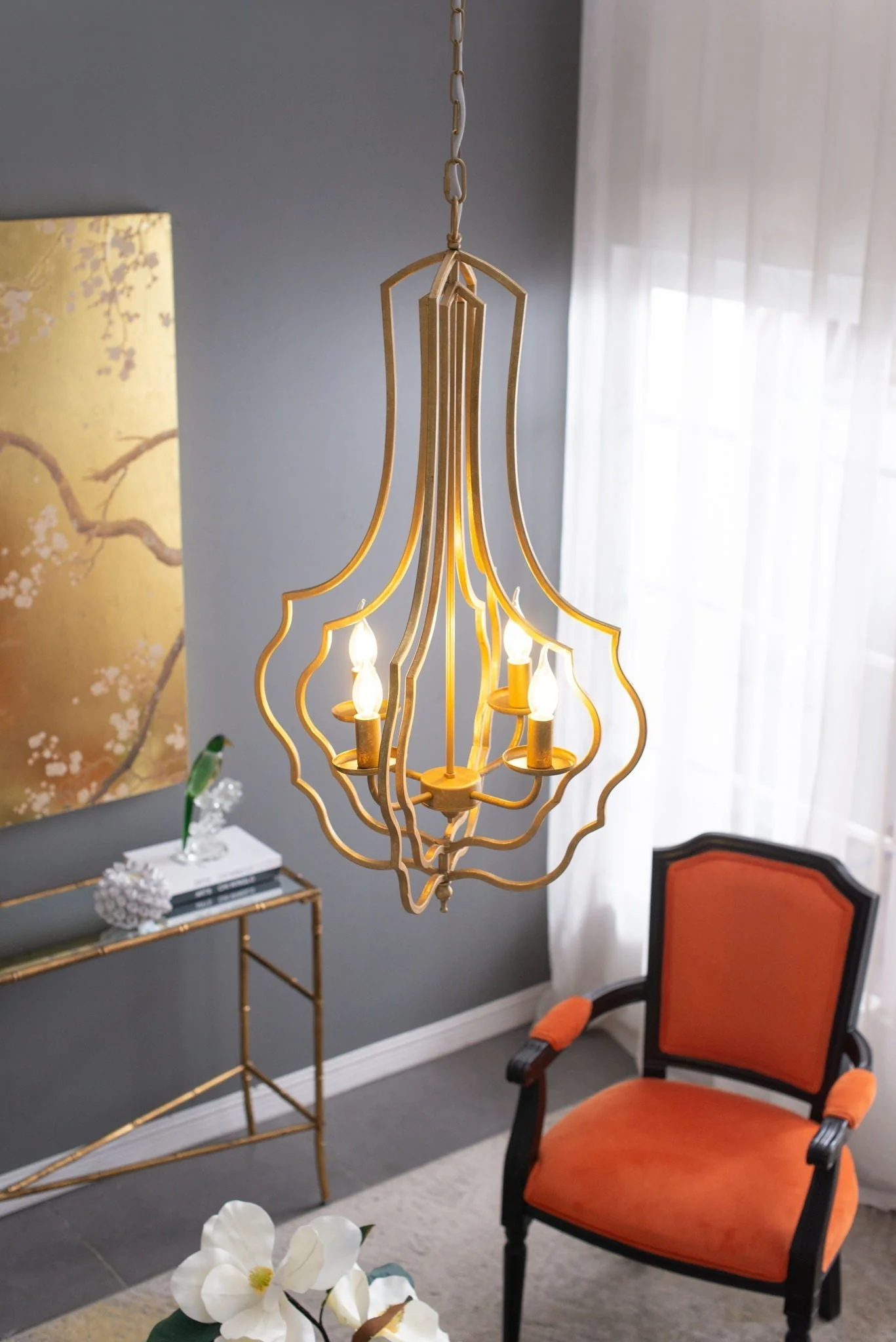 4 Light Chandelier With Adjustable Chain - Gold - Image 6