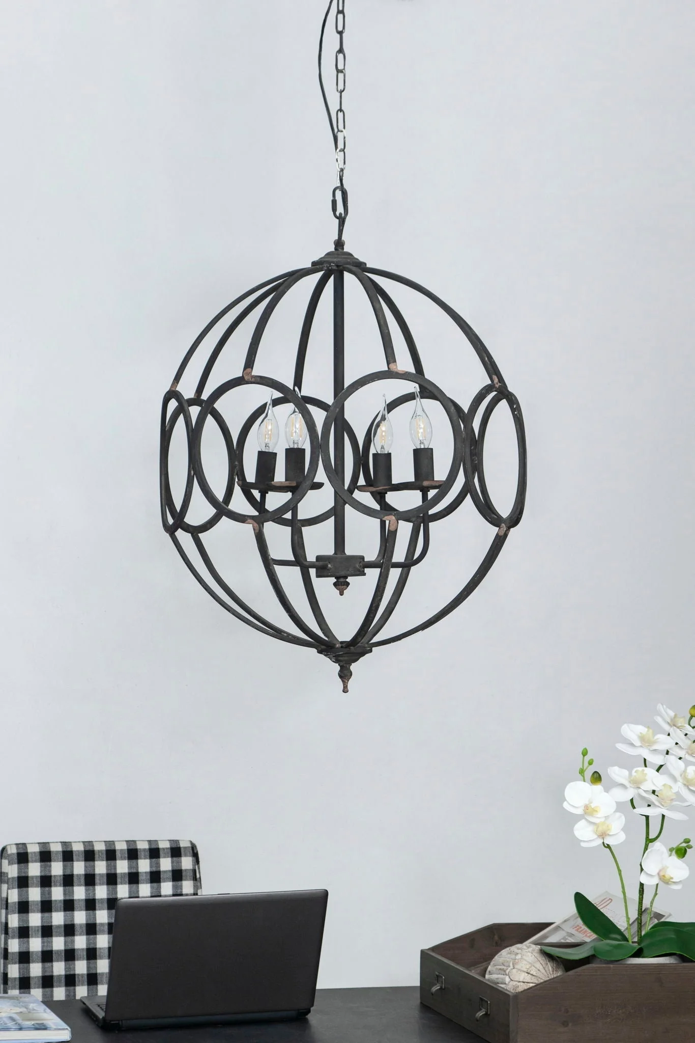 4 Light Metal Chandelier in Black Iron with Adjustable Chain - Image 2