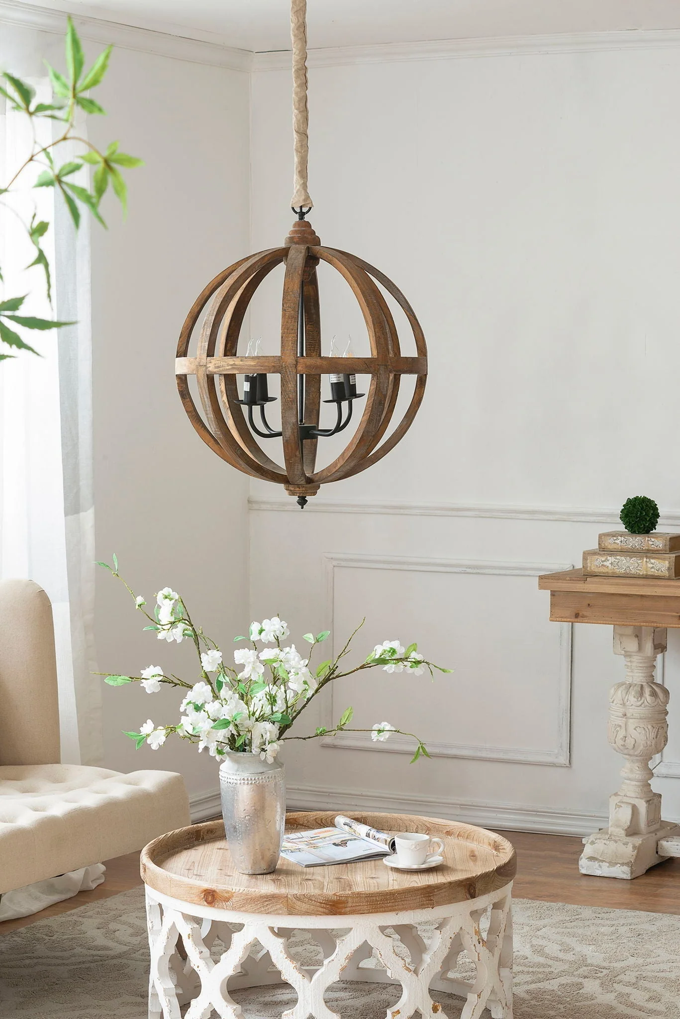 4 Light Wood Chandelier with Adjustable Chain - Image 3