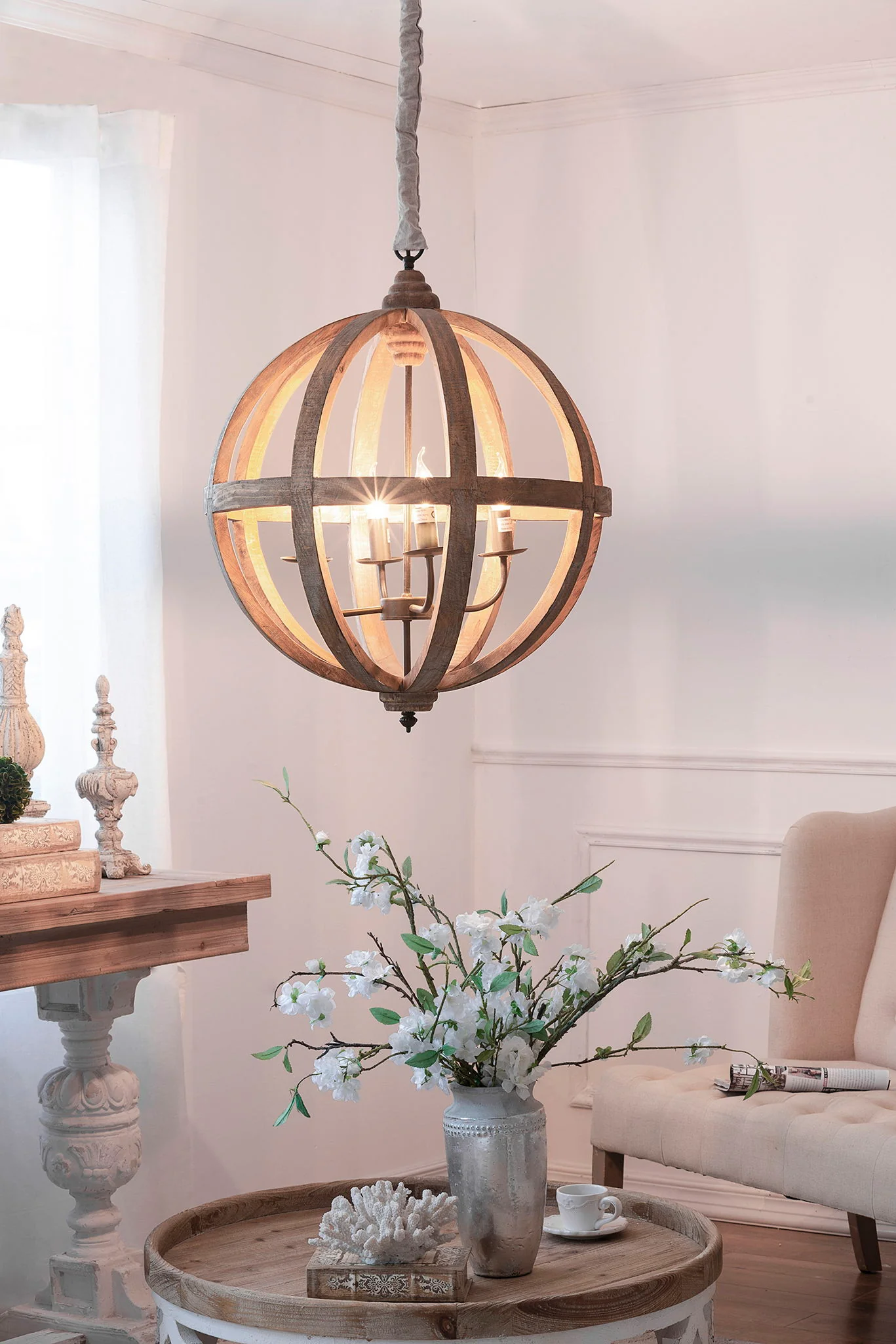 4 Light Wood Chandelier with Adjustable Chain - Image 6