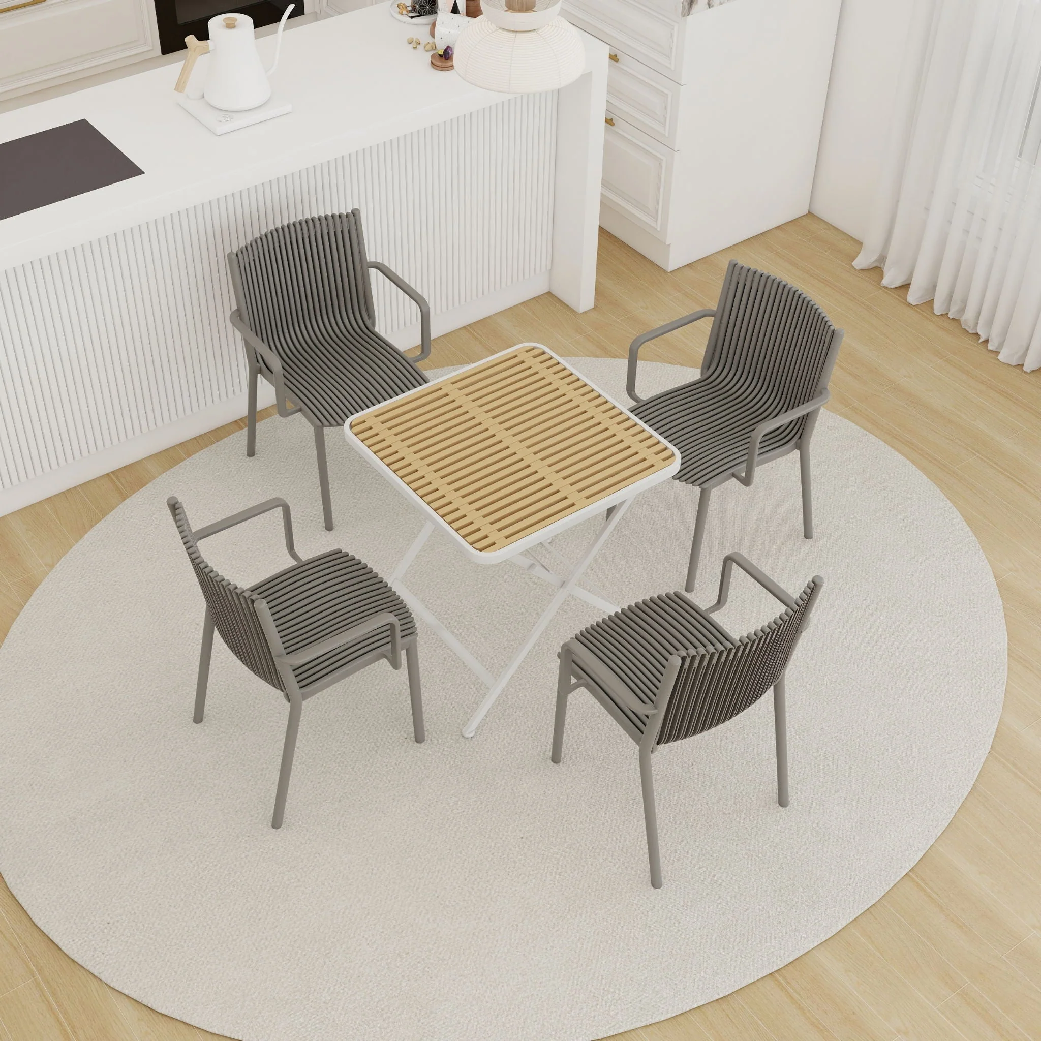 4 Modern Stackable Plastic Armchair Matched With Folding Square Table - Image 3