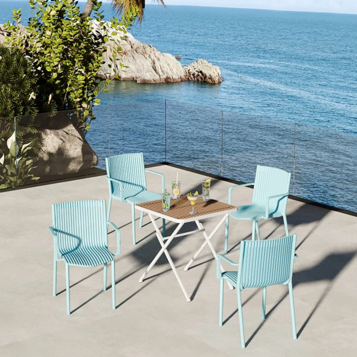 4 Modern Stackable Plastic Armchair Matched With Folding Square Table - Image 4