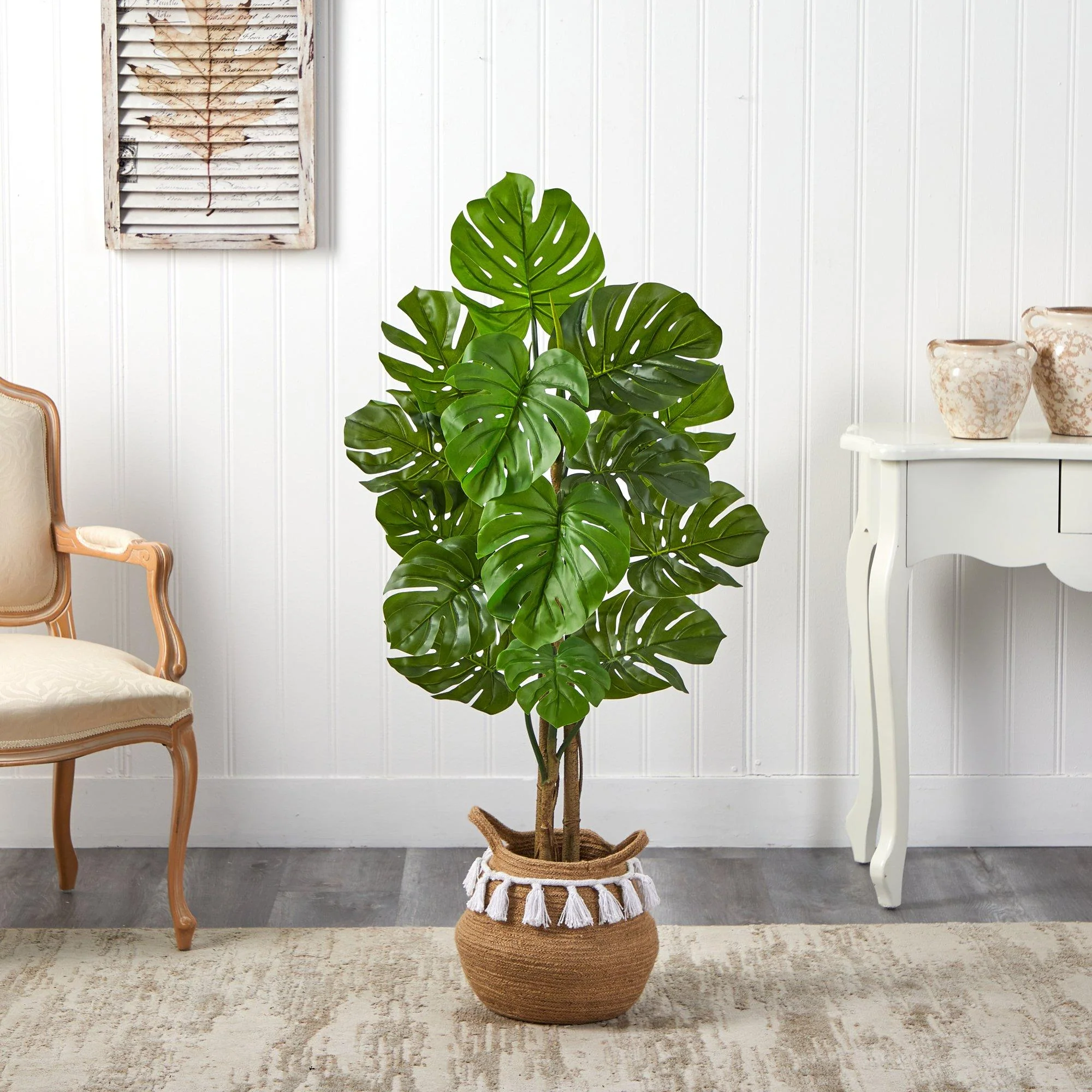 4’ Monstera Tree in Boho Chic Handmade Natural Cotton Woven Planter with Tassels UV Resistant - Image 3