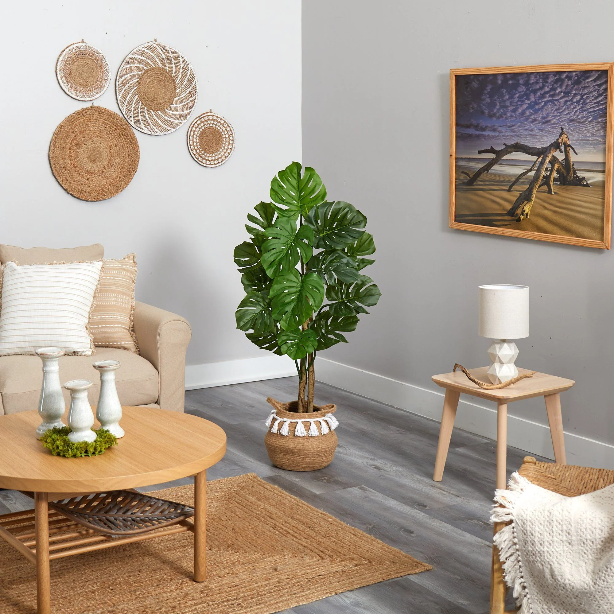 4’ Monstera Tree in Boho Chic Handmade Natural Cotton Woven Planter with Tassels UV Resistant - Image 4