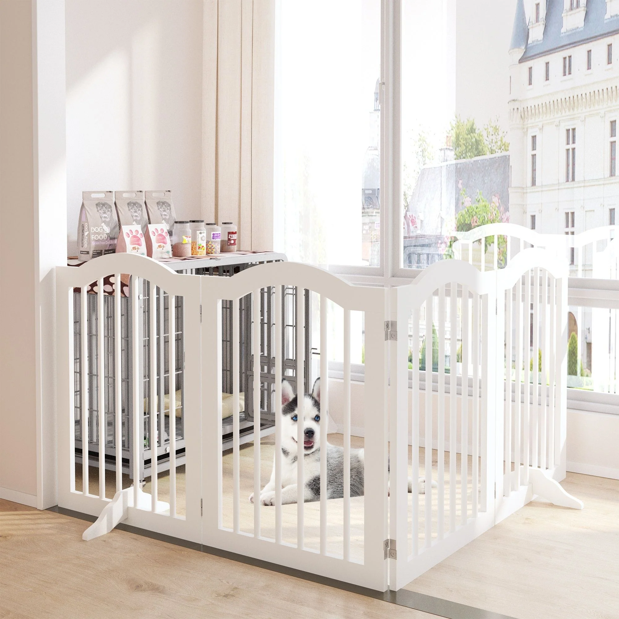 4 Panel Freestanding Pet Gate With Foldable Design And Support Feet - White - Image 2