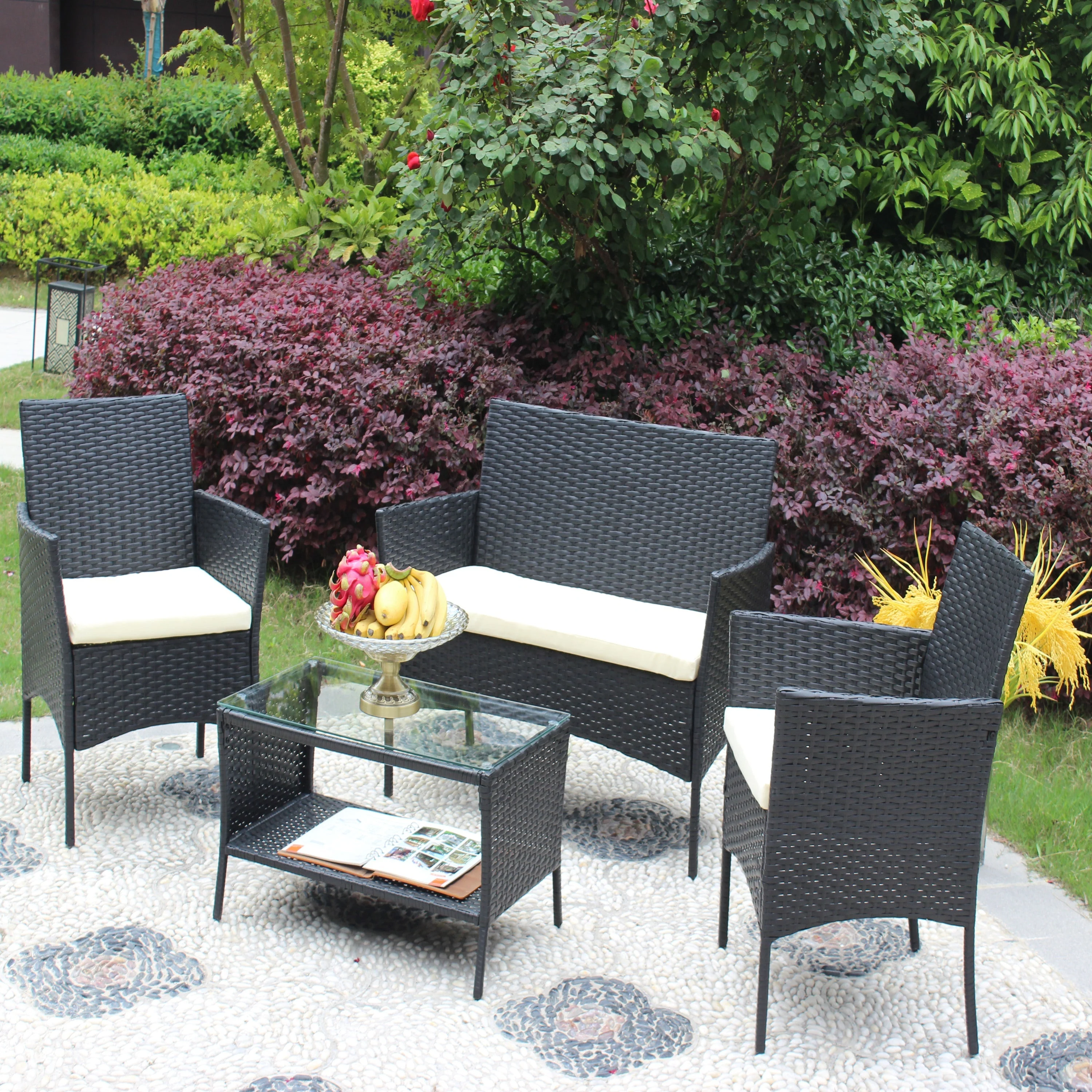 4 PC Rattan Patio Furniture Set Outdoor Cushioned Wicker Sofa - Image 2
