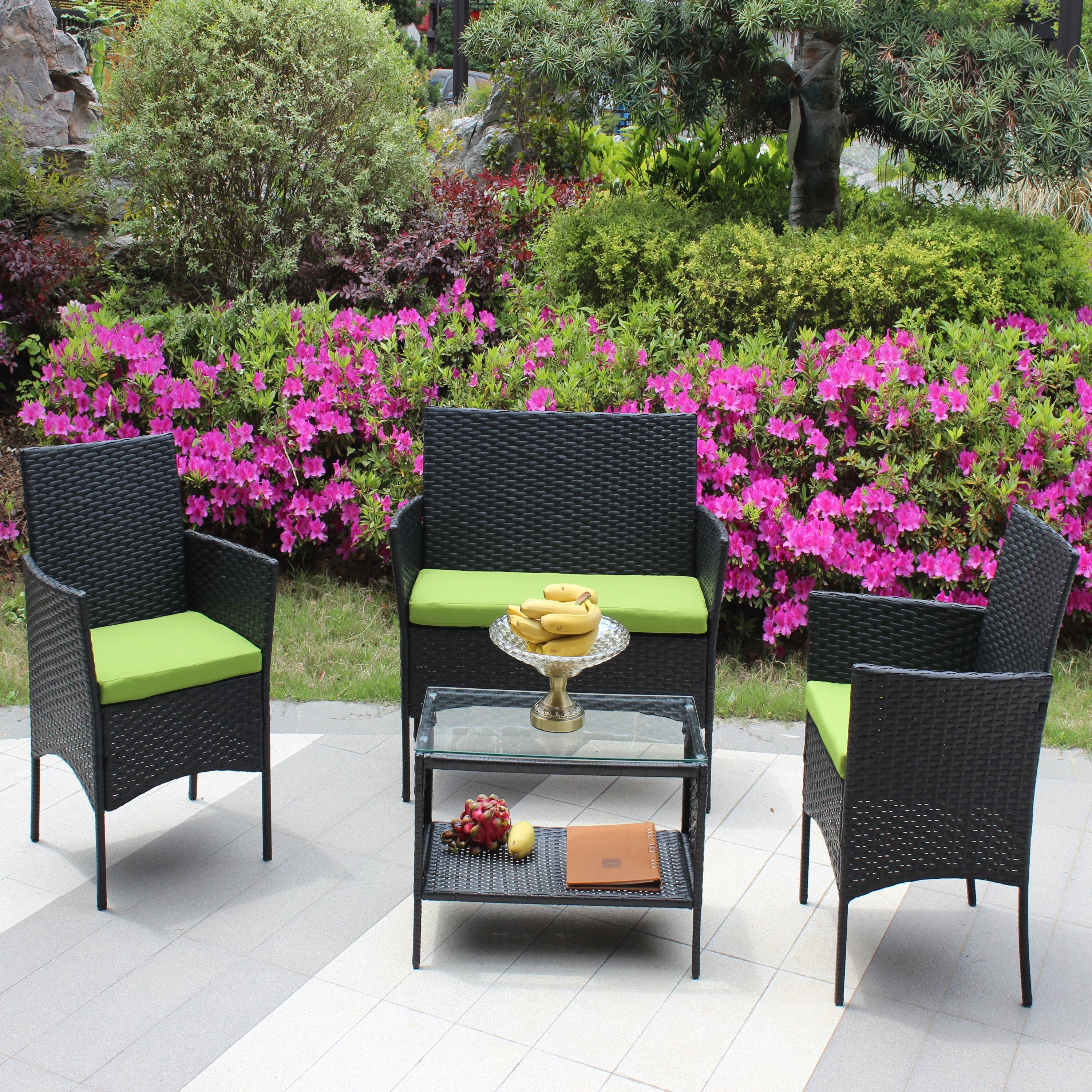 4 PC Rattan Patio Furniture Set Outdoor Cushioned Wicker Sofa Green Cushion - Image 10