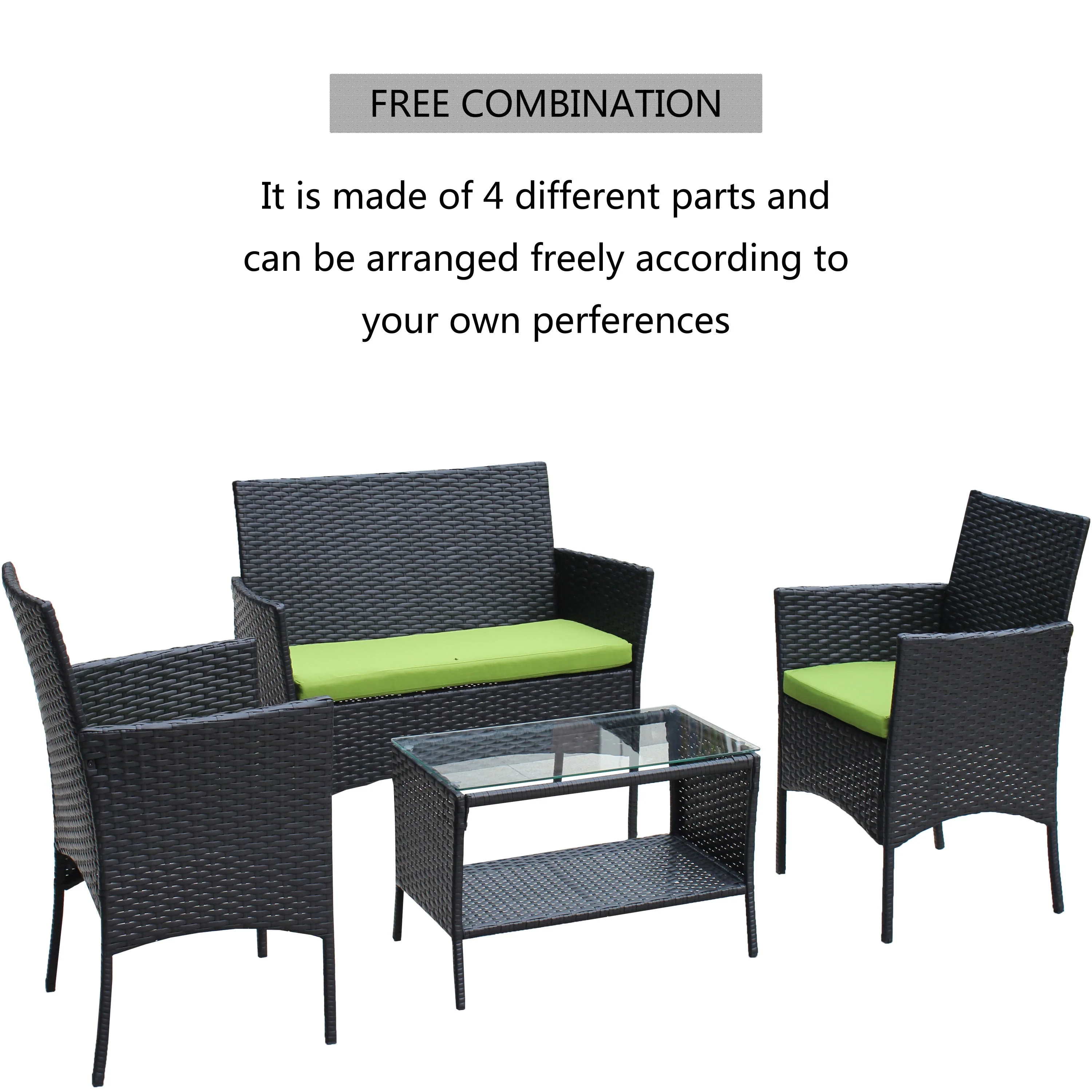 4 PC Rattan Patio Furniture Set Outdoor Cushioned Wicker Sofa Green Cushion - Image 11