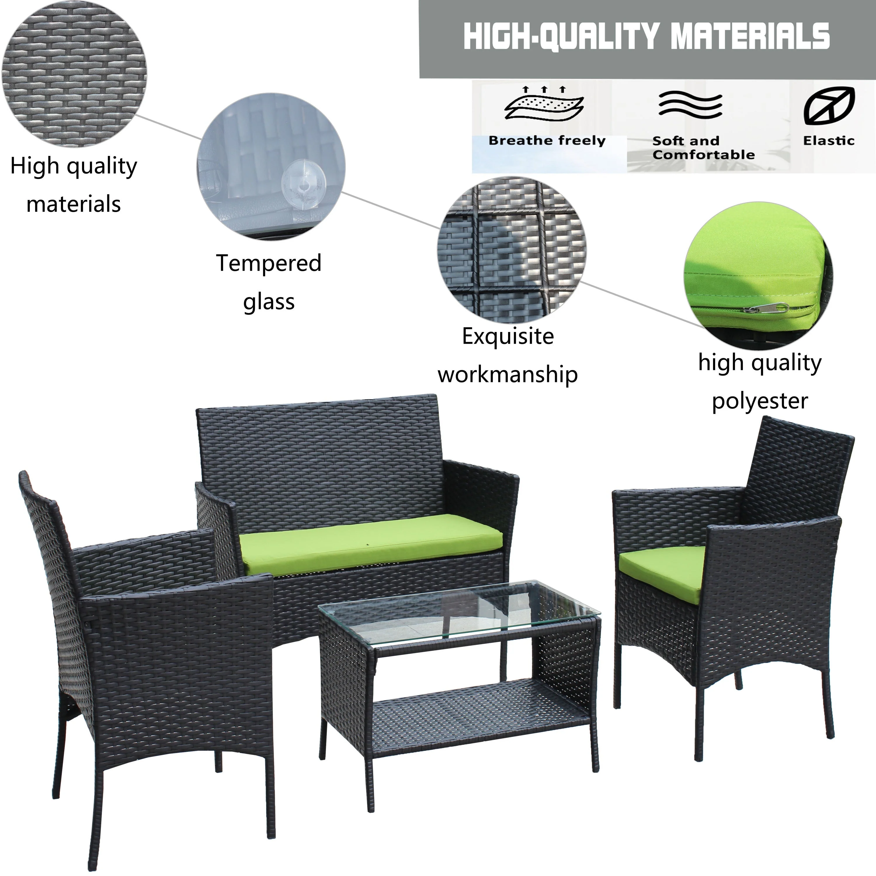 4 PC Rattan Patio Furniture Set Outdoor Cushioned Wicker Sofa Green Cushion - Image 12