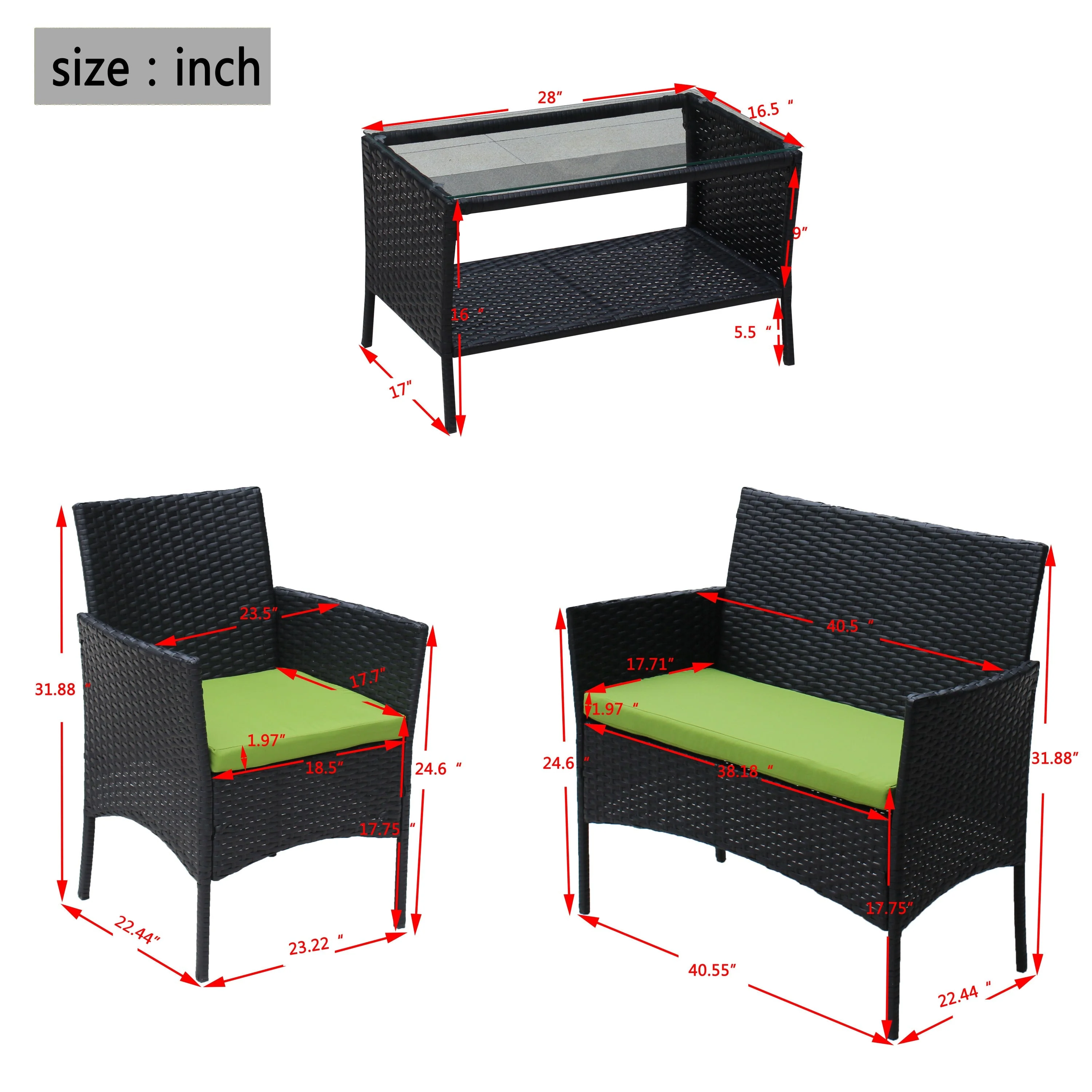 4 PC Rattan Patio Furniture Set Outdoor Cushioned Wicker Sofa Green Cushion - Image 13
