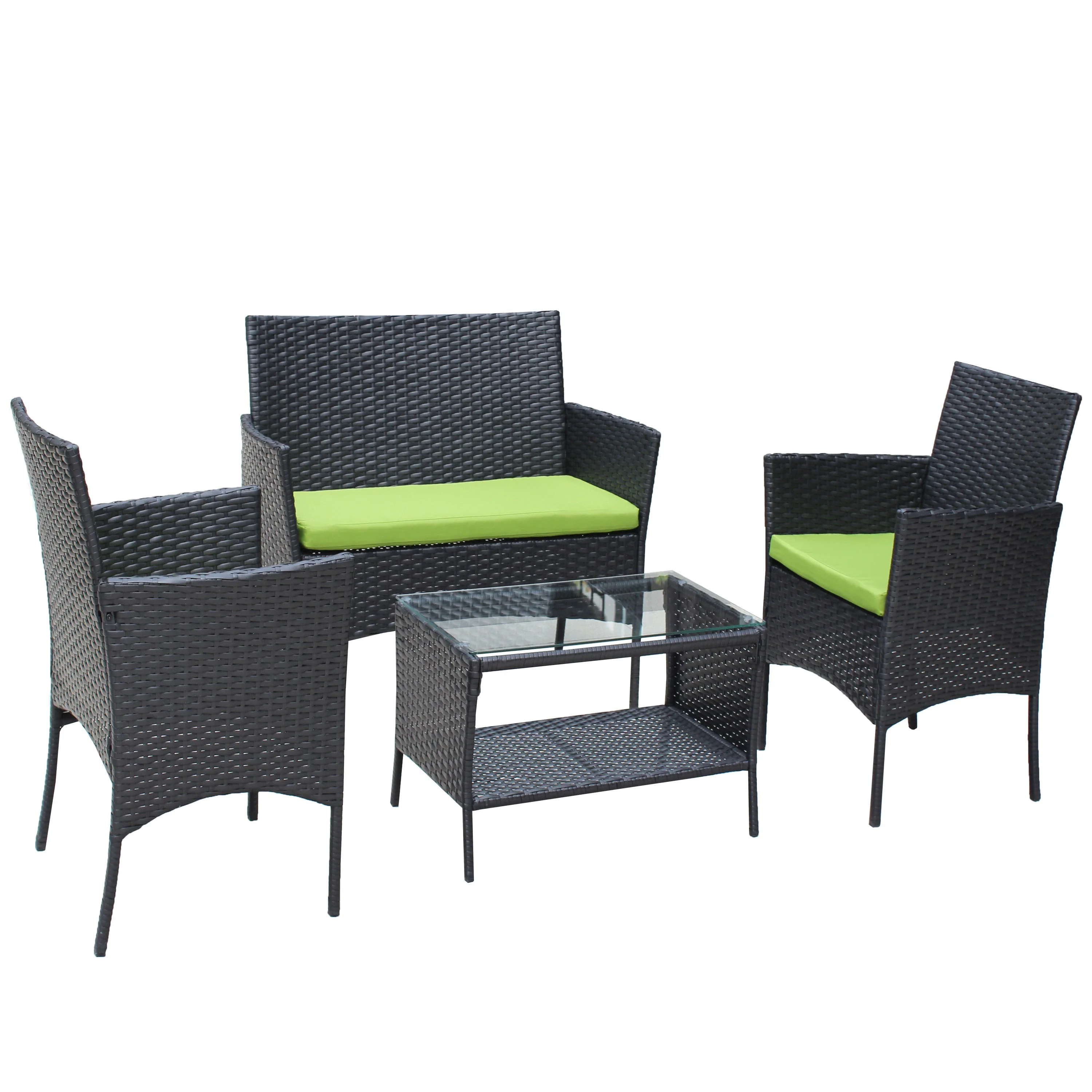 4 PC Rattan Patio Furniture Set Outdoor Cushioned Wicker Sofa Green Cushion - Image 14