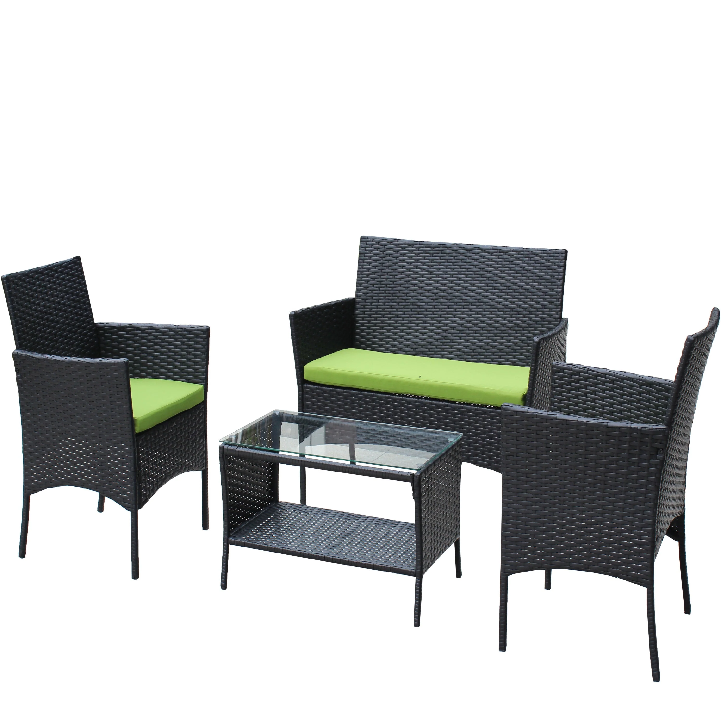 4 PC Rattan Patio Furniture Set Outdoor Cushioned Wicker Sofa Green Cushion - Image 15