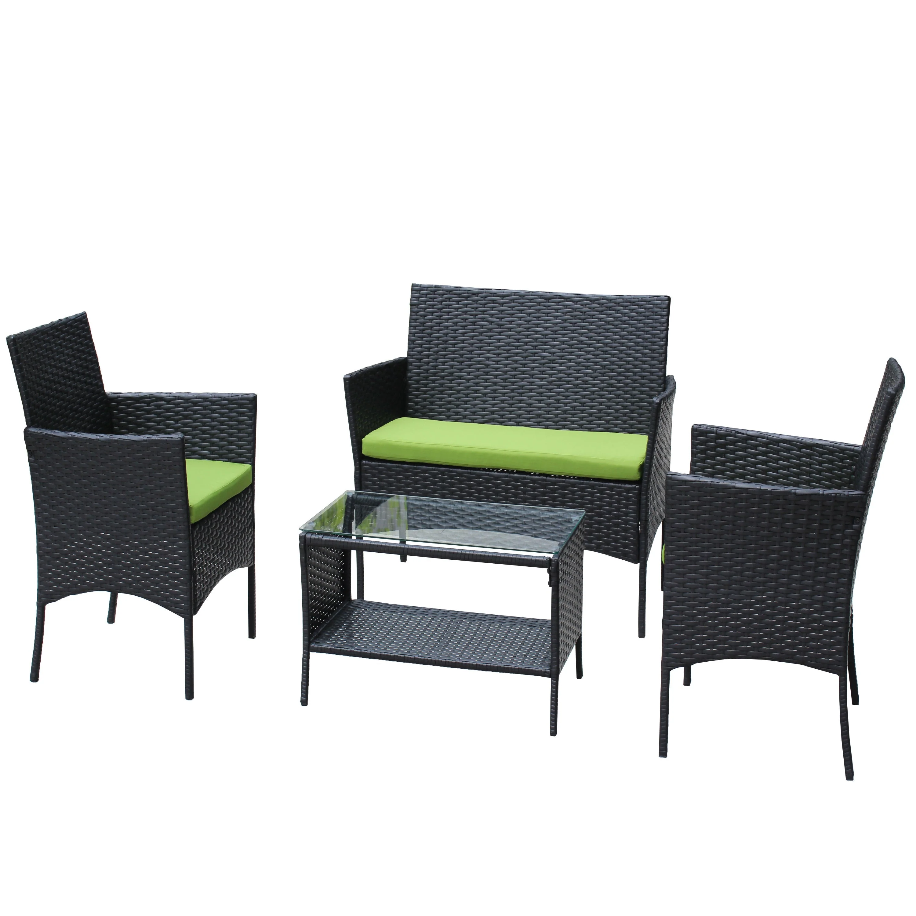 4 PC Rattan Patio Furniture Set Outdoor Cushioned Wicker Sofa Green Cushion - Image 16