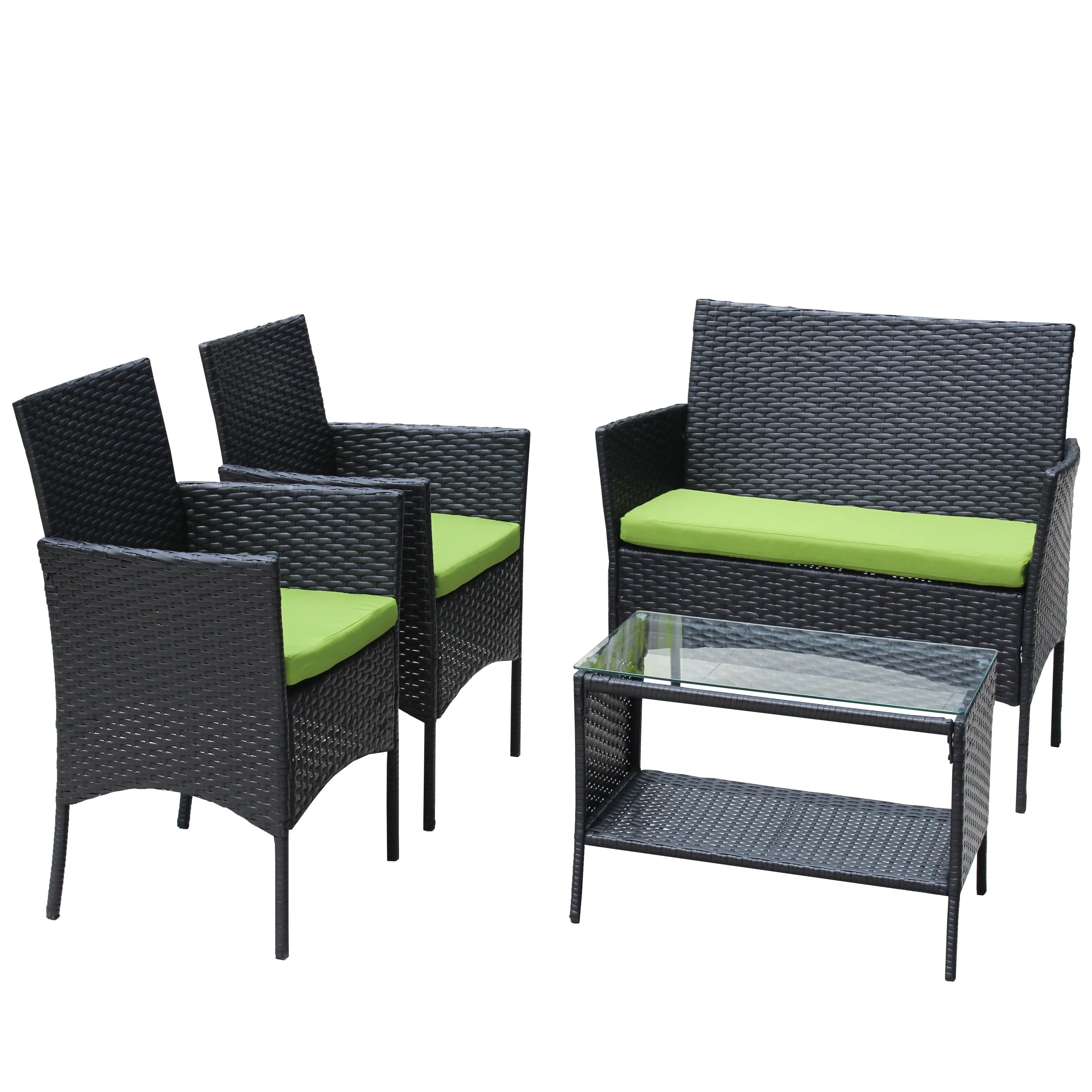 4 PC Rattan Patio Furniture Set Outdoor Cushioned Wicker Sofa Green Cushion - Image 17