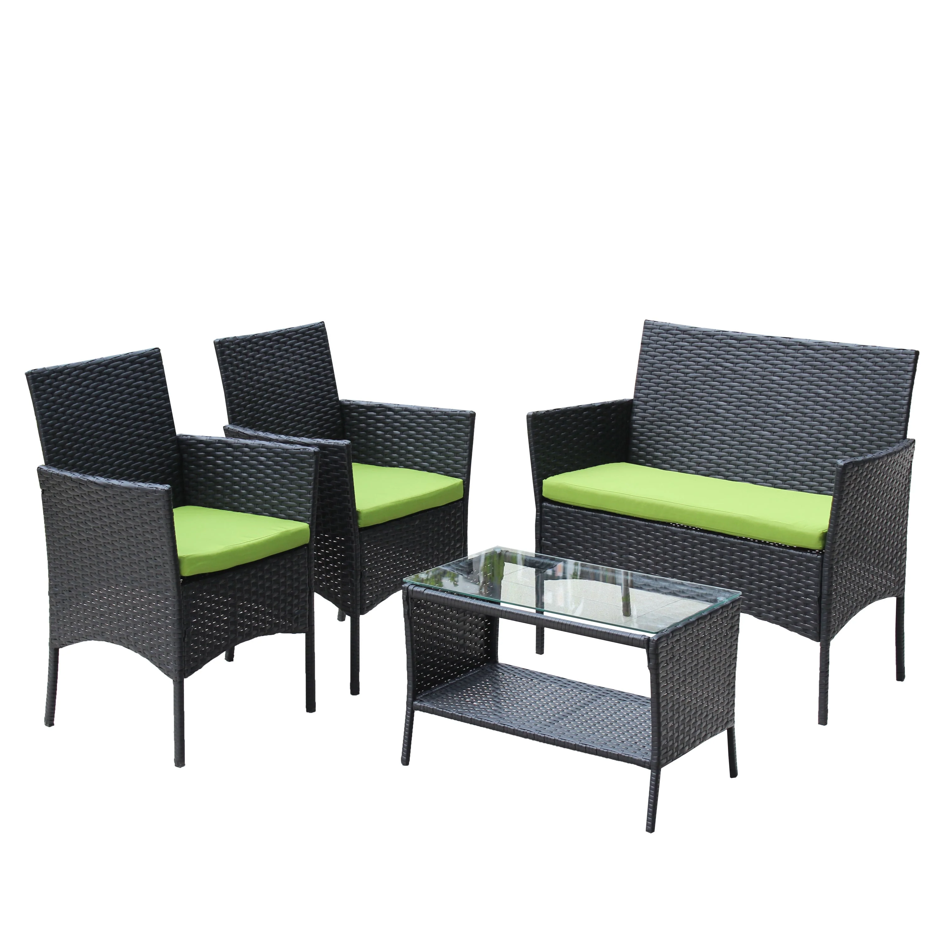 4 PC Rattan Patio Furniture Set Outdoor Cushioned Wicker Sofa Green Cushion - Image 18