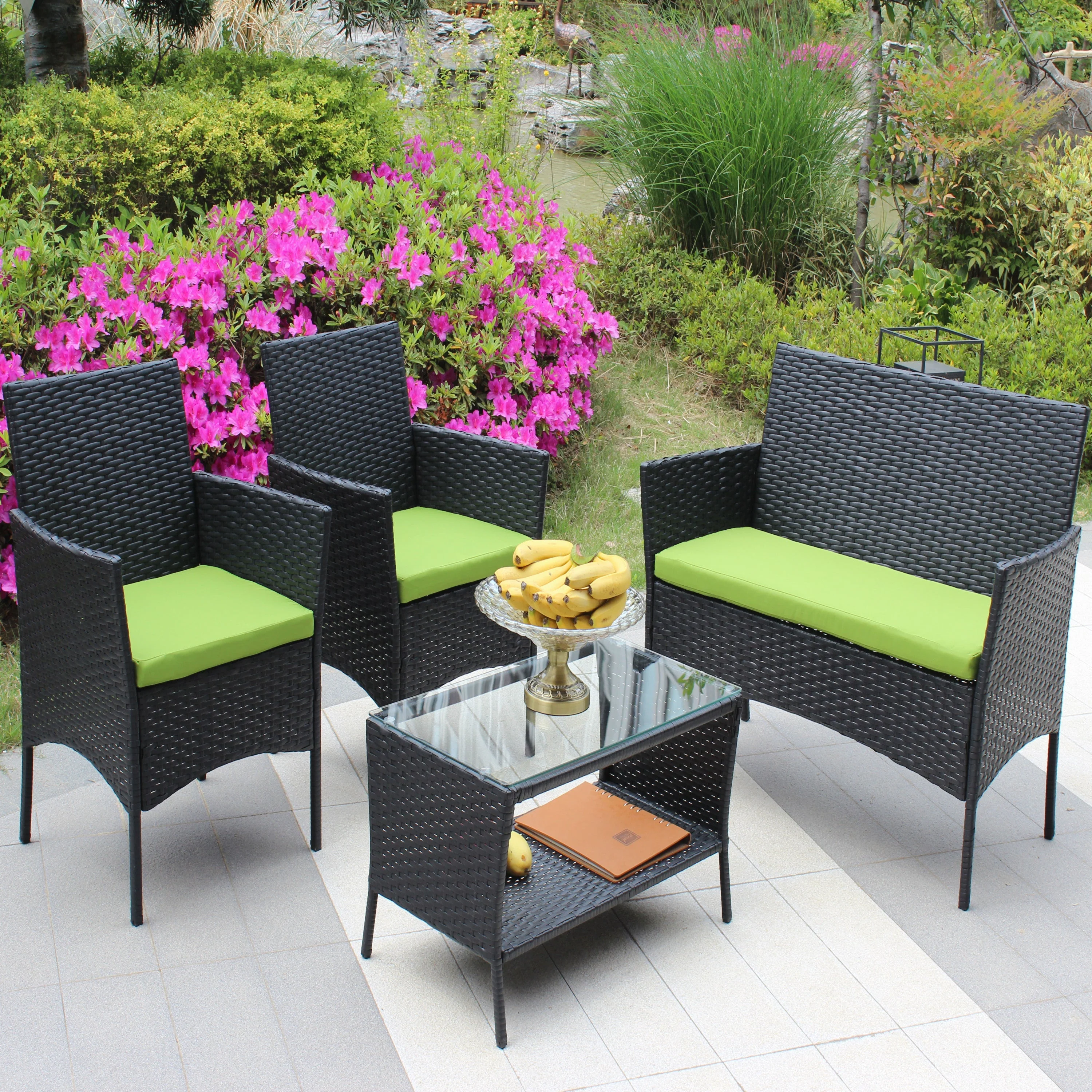 4 PC Rattan Patio Furniture Set Outdoor Cushioned Wicker Sofa Green Cushion - Image 2