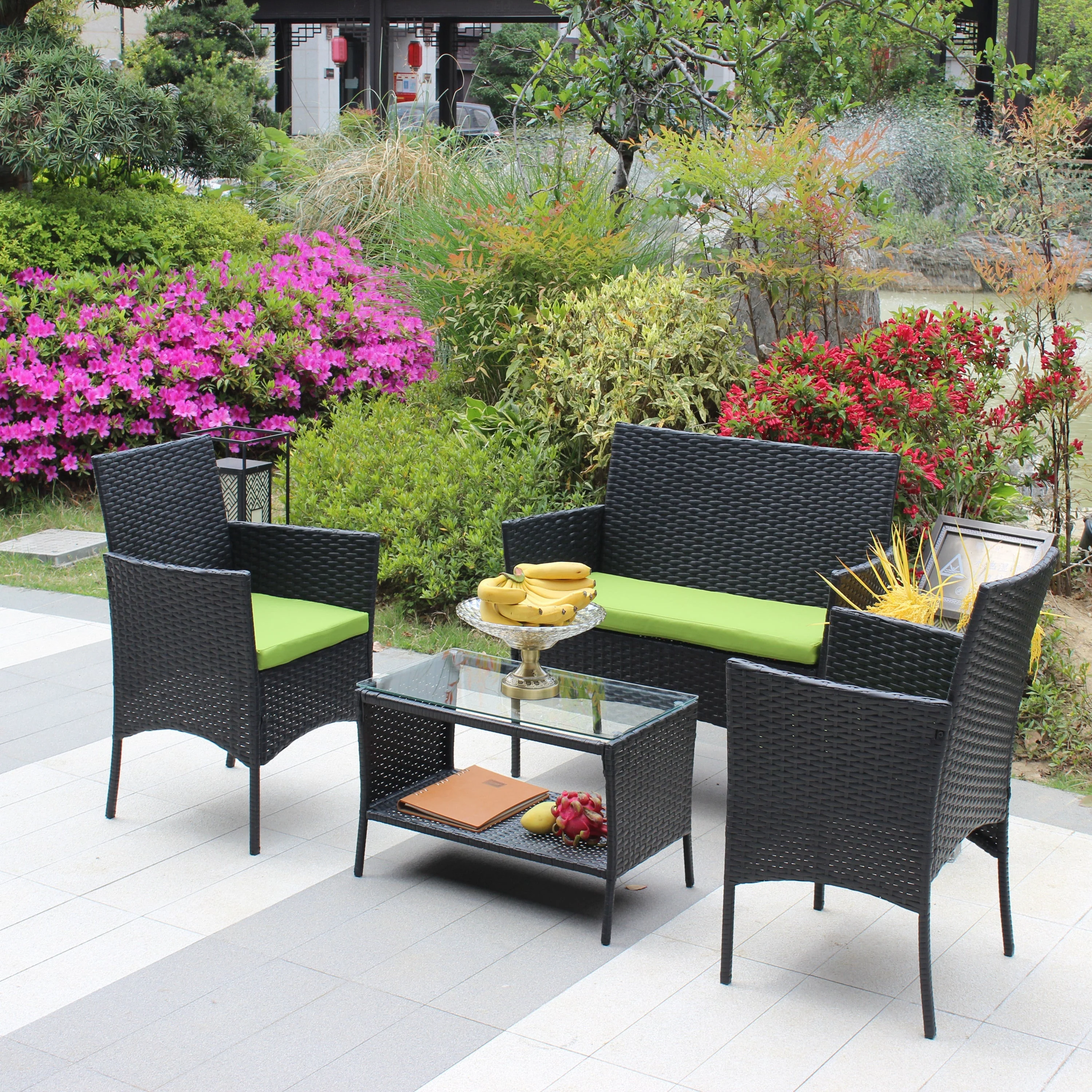 4 PC Rattan Patio Furniture Set Outdoor Cushioned Wicker Sofa Green Cushion - Image 3