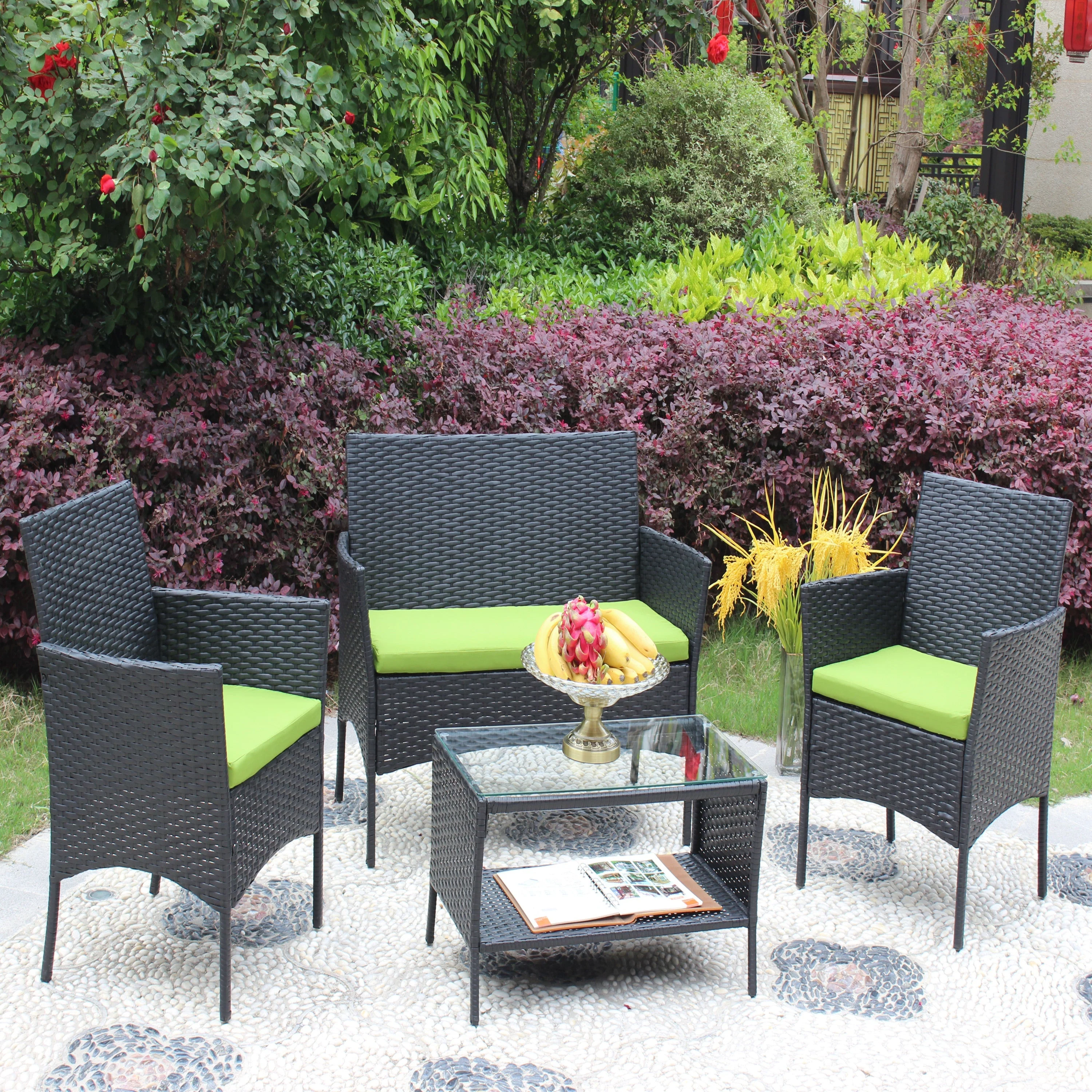 4 PC Rattan Patio Furniture Set Outdoor Cushioned Wicker Sofa Green Cushion - Image 4