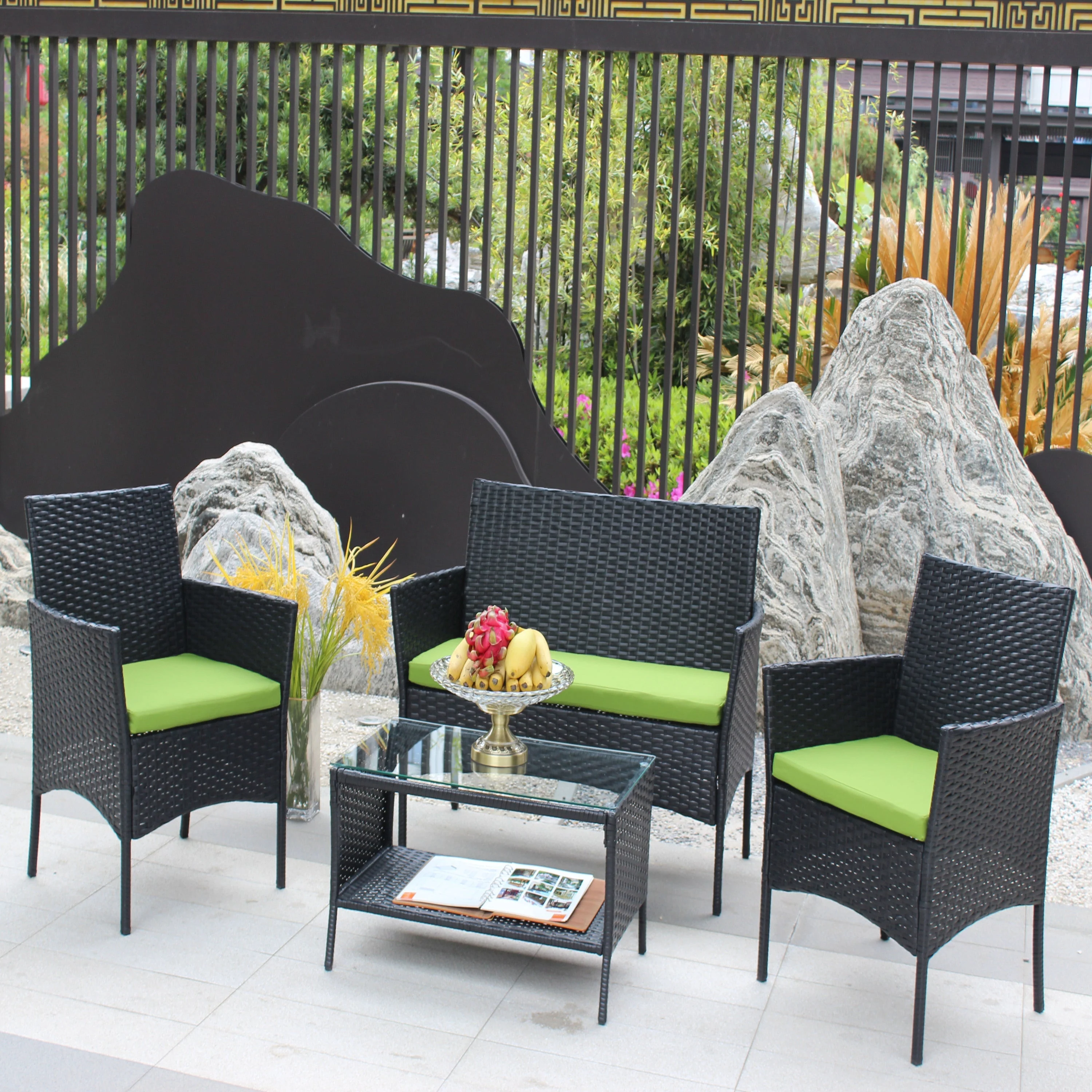 4 PC Rattan Patio Furniture Set Outdoor Cushioned Wicker Sofa Green Cushion - Image 5