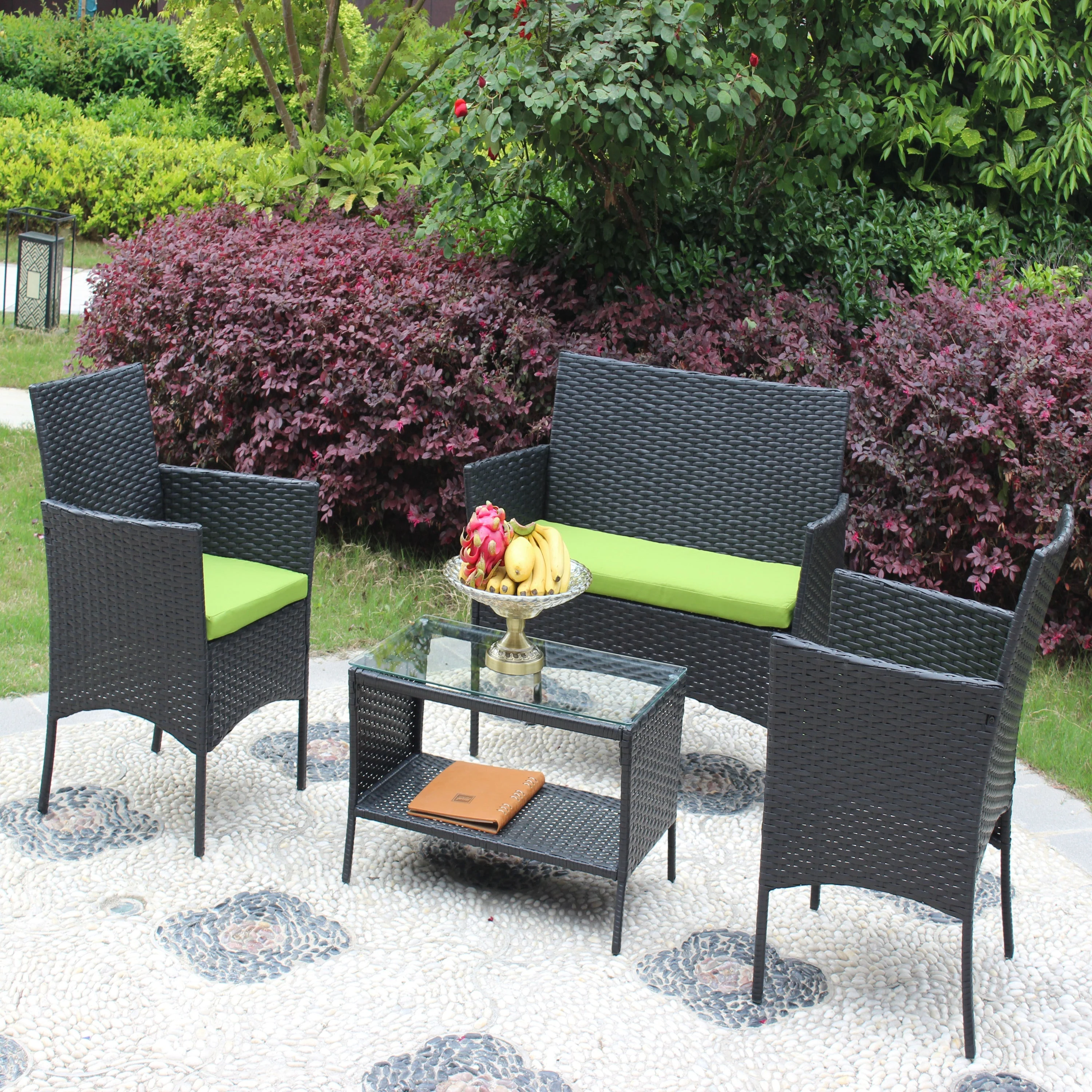 4 PC Rattan Patio Furniture Set Outdoor Cushioned Wicker Sofa Green Cushion - Image 6