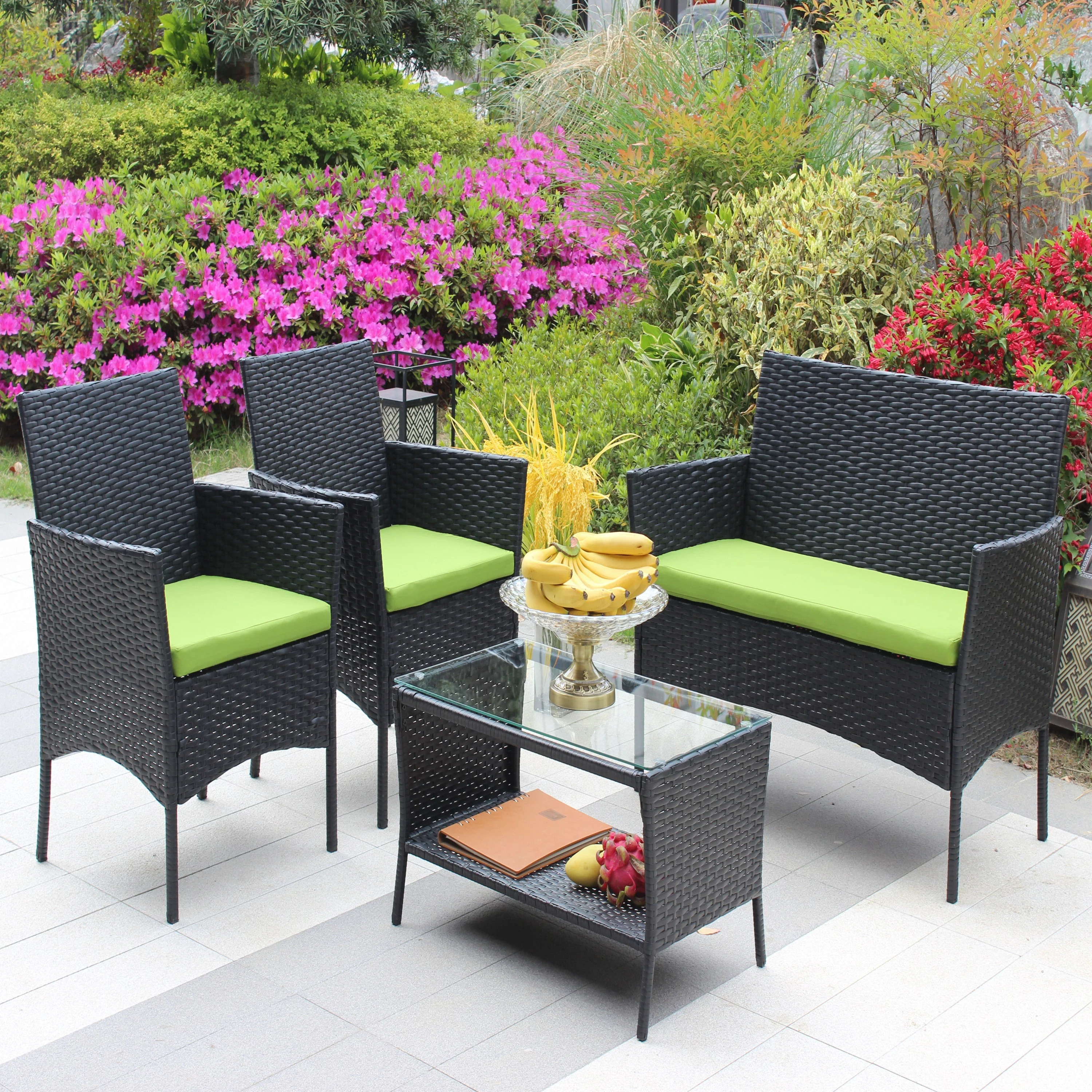 4 PC Rattan Patio Furniture Set Outdoor Cushioned Wicker Sofa Green Cushion - Image 7