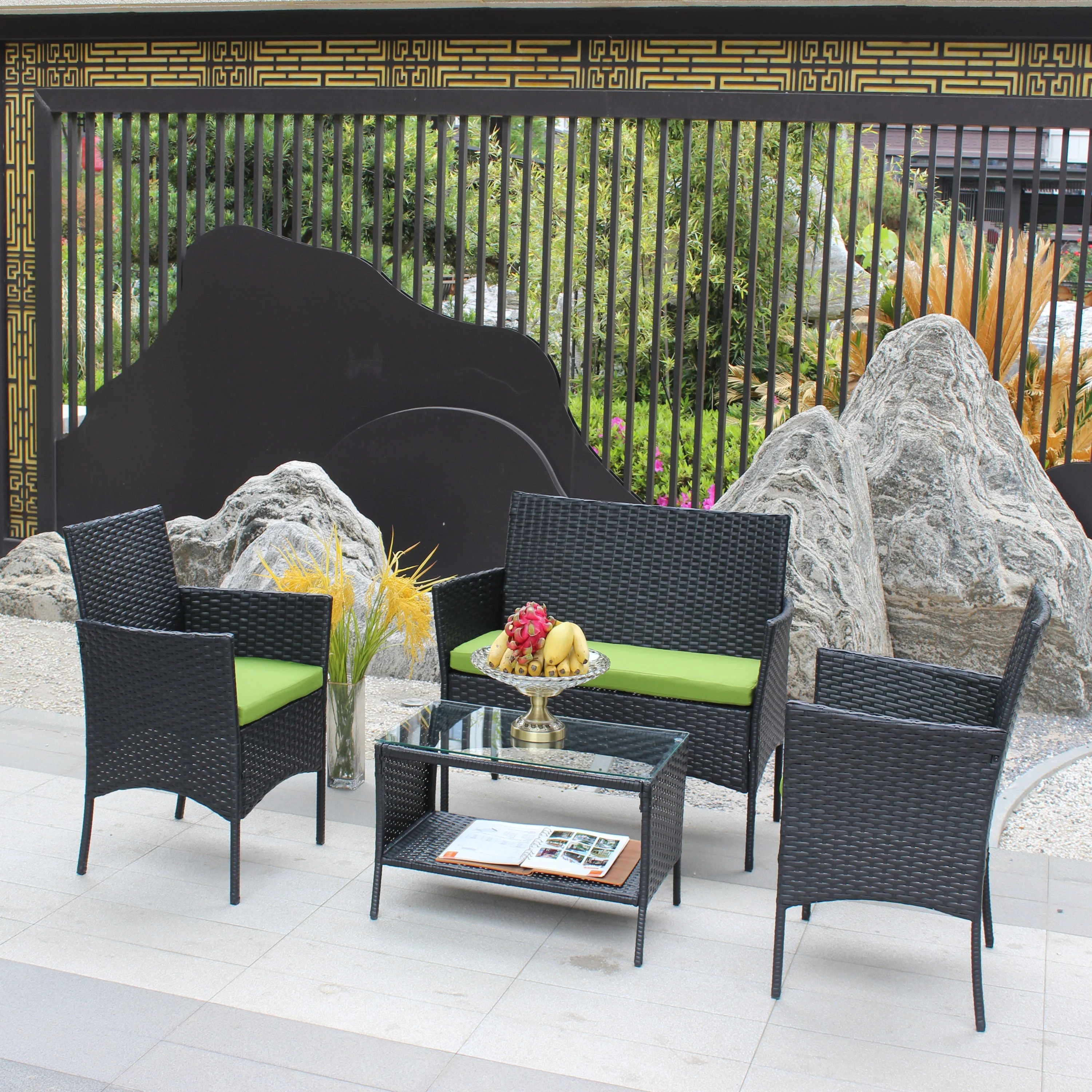 4 PC Rattan Patio Furniture Set Outdoor Cushioned Wicker Sofa Green Cushion - Image 8