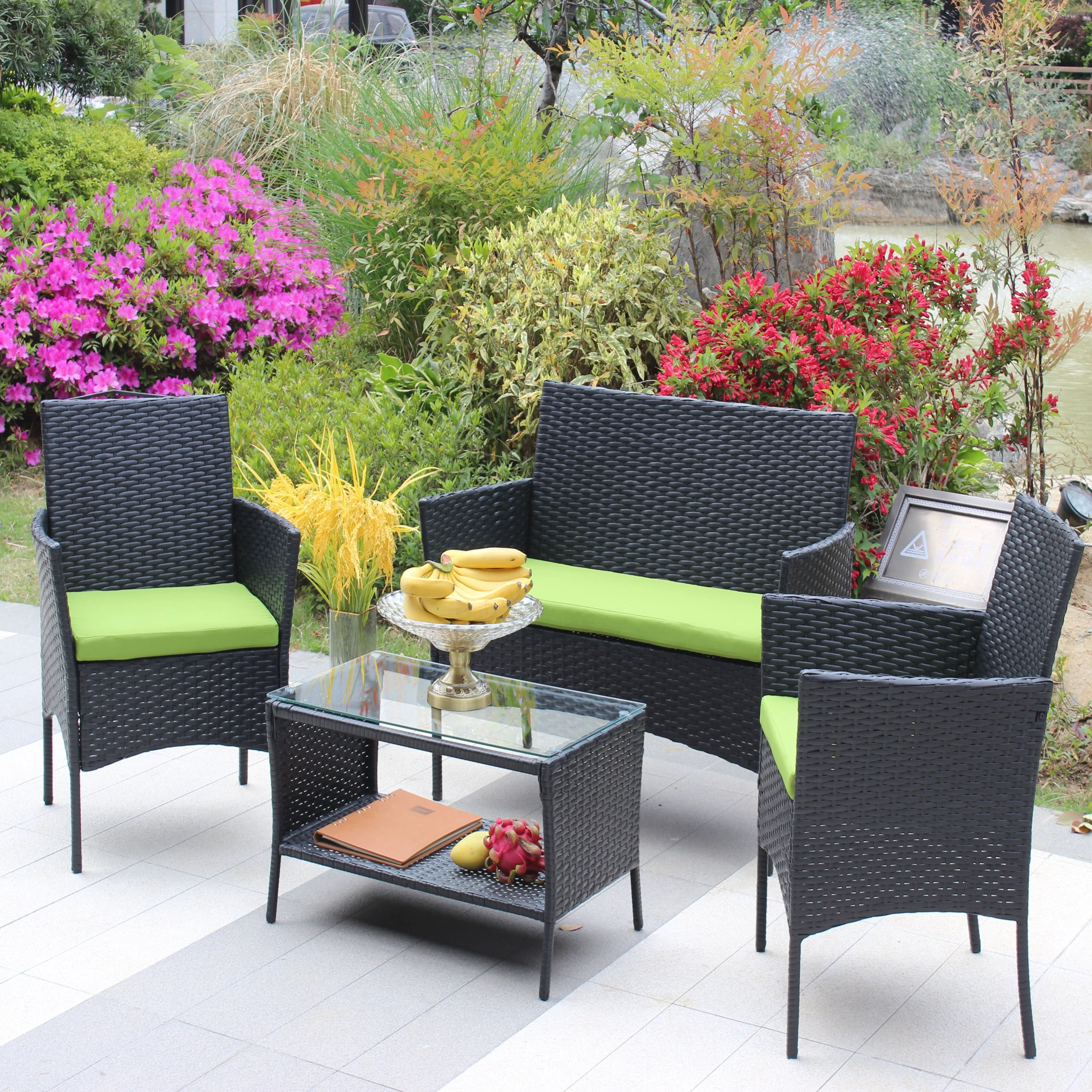 4 PC Rattan Patio Furniture Set Outdoor Cushioned Wicker Sofa Green Cushion - Image 9