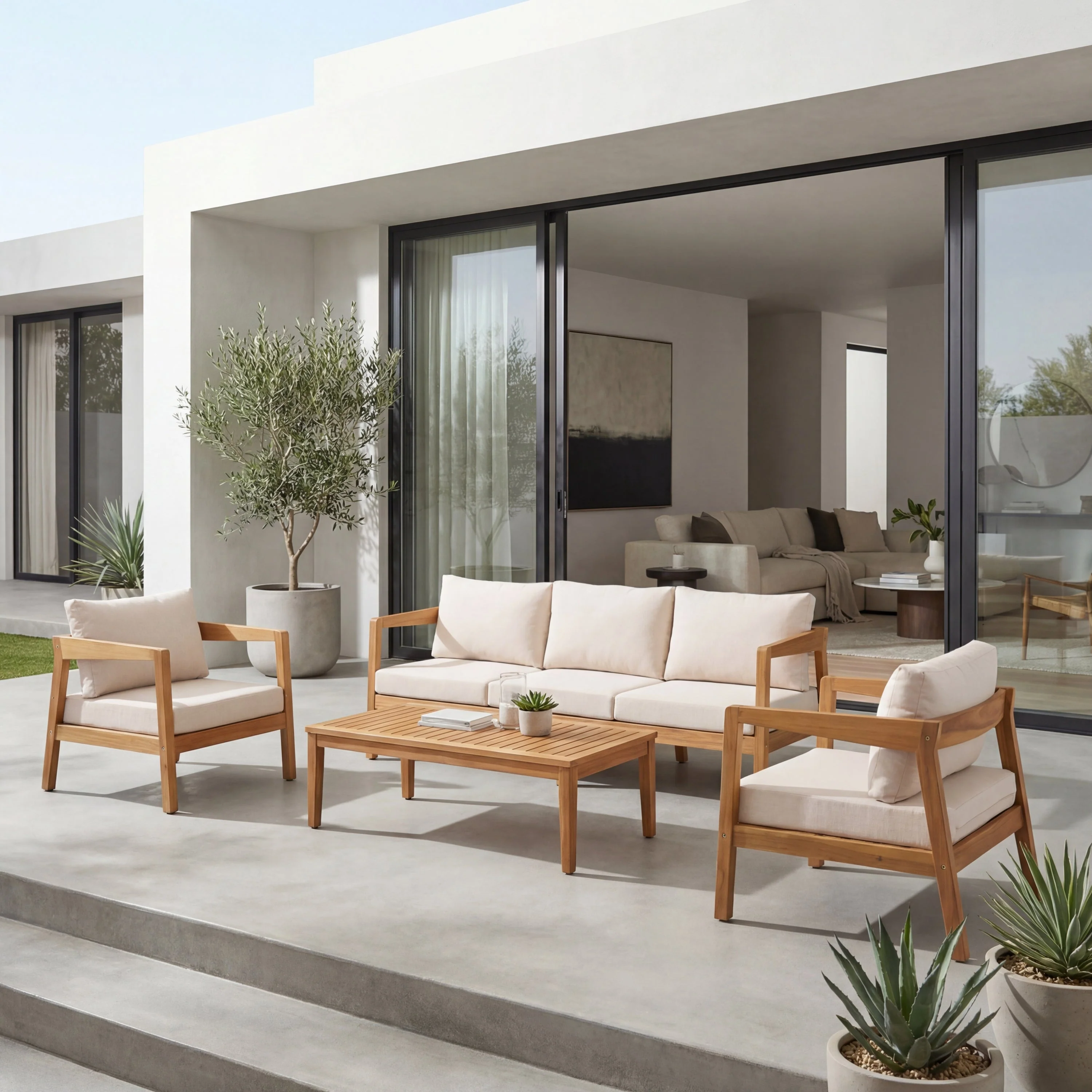 4 Piece Acacia Wood Patio Furniture Set with Soft Cushions - Image 2