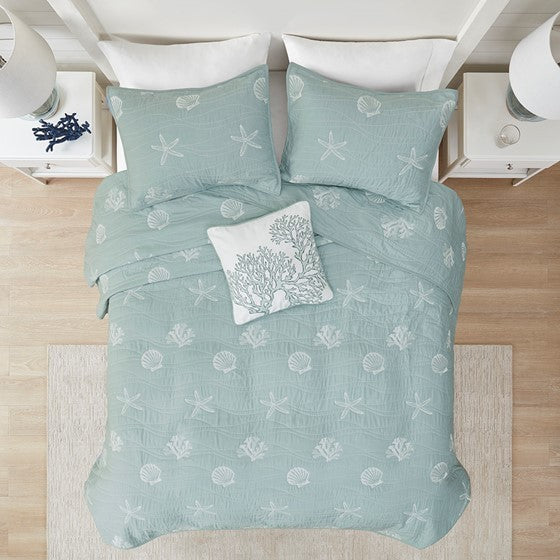 4 Piece Cotton Reversible Embroidered Quilt Set with Throw Pillow Aqua King/Cal King - Image 3