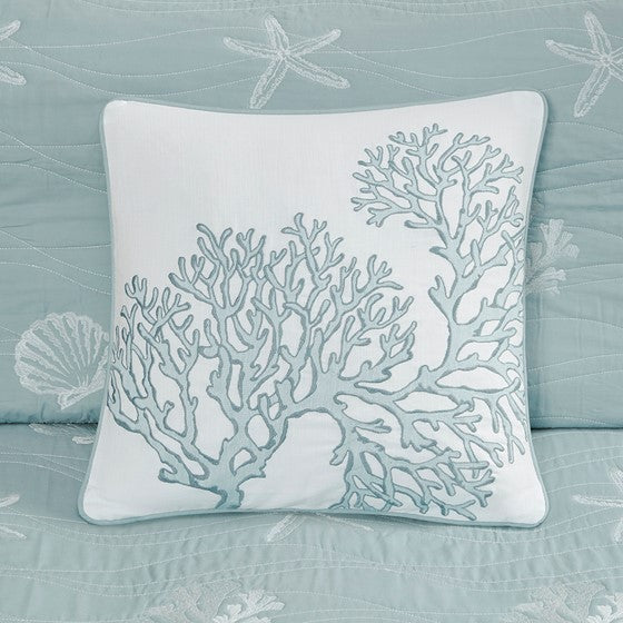 4 Piece Cotton Reversible Embroidered Quilt Set with Throw Pillow Aqua King/Cal King - Image 6