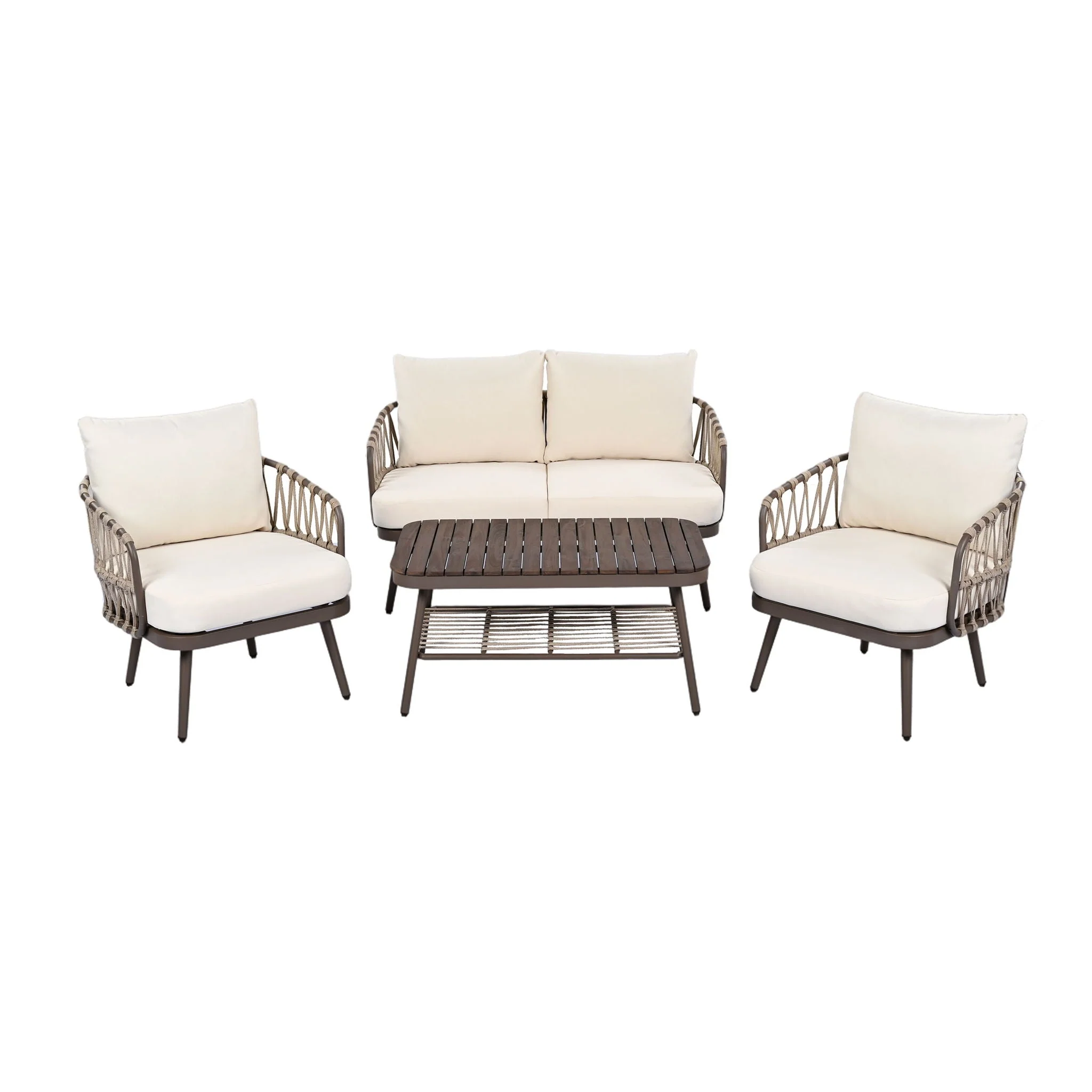 4 Piece Outdoor Patio Furniture Set, Metal Chairs With Woven Rope U Shaped Backrest - Image 2