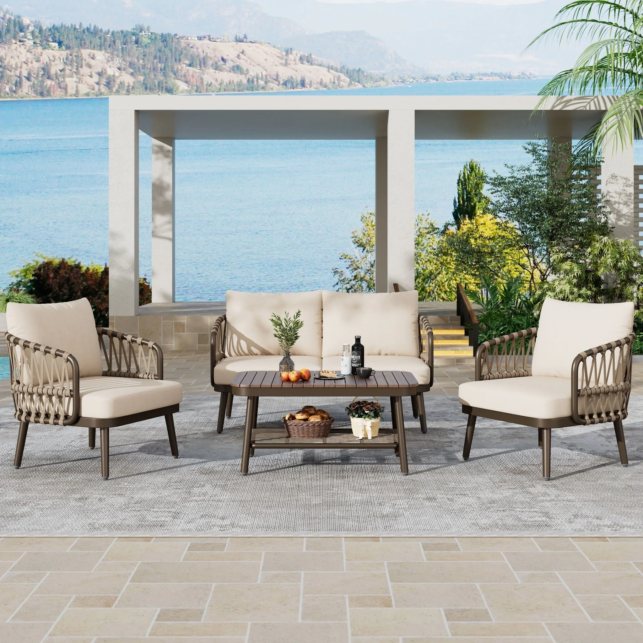 4 Piece Outdoor Patio Furniture Set, Metal Chairs With Woven Rope U Shaped Backrest - Image 3
