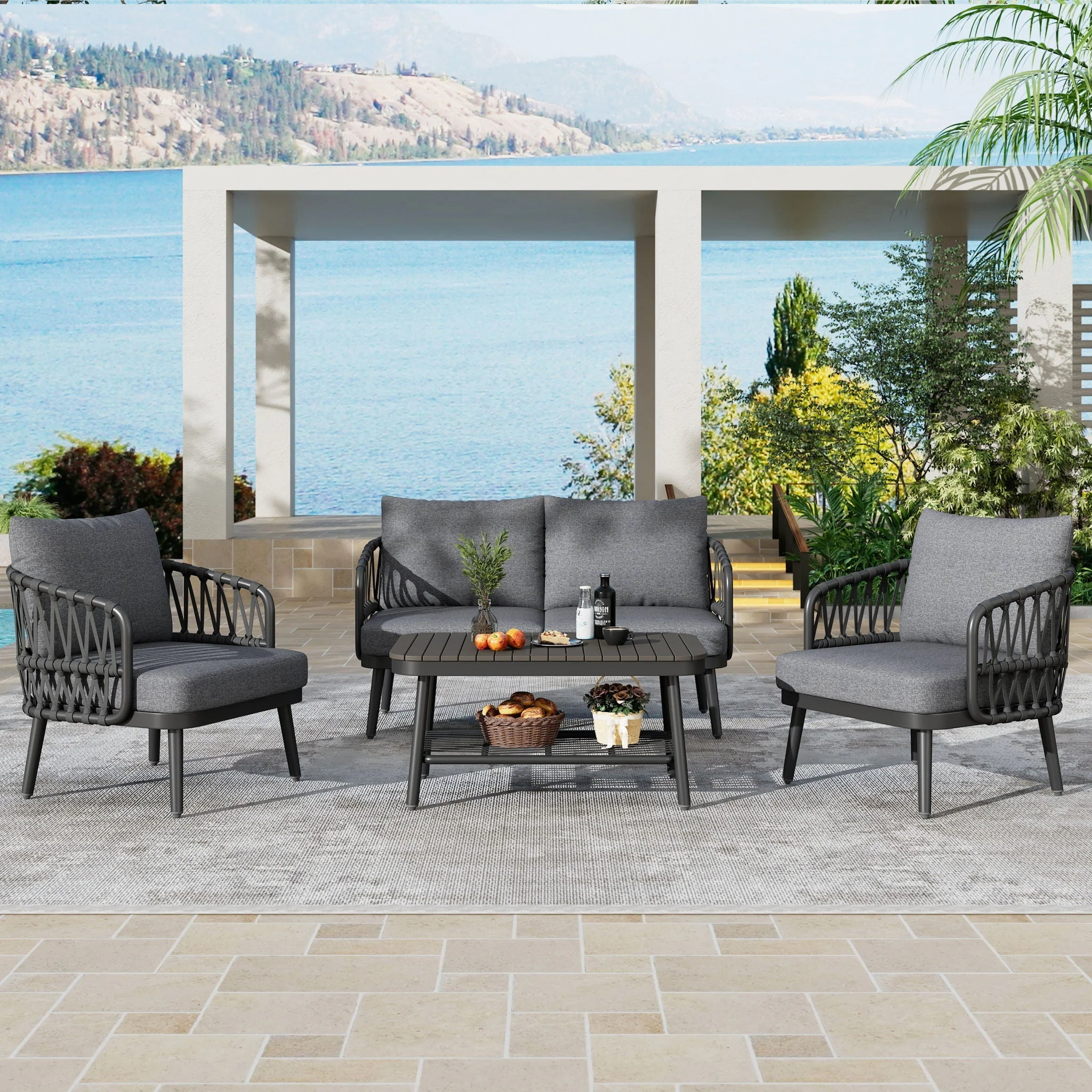 4 Piece Outdoor Patio Furniture Set, Metal Chairs With Woven Rope U Shaped Backrest - Image 4