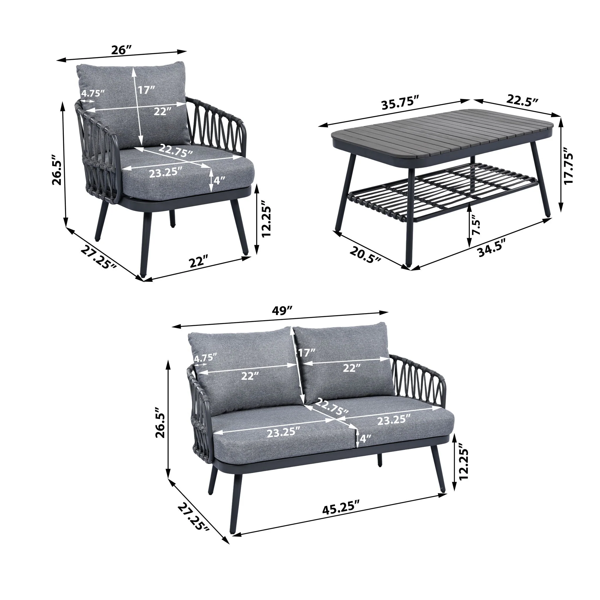 4 Piece Outdoor Patio Furniture Set, Metal Chairs With Woven Rope U Shaped Backrest - Image 5