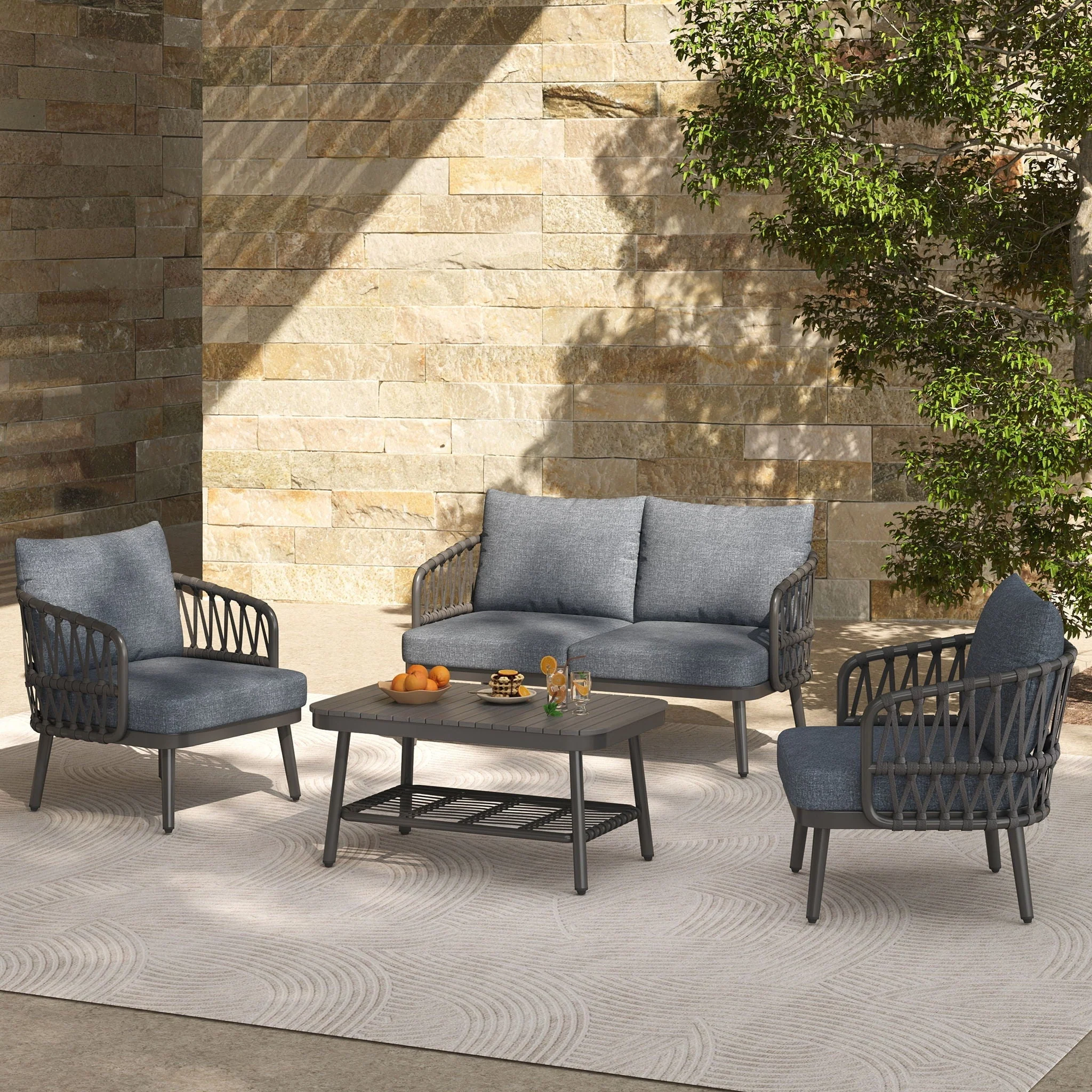 4 Piece Outdoor Patio Furniture Set, Metal Chairs With Woven Rope U Shaped Backrest - Image 6