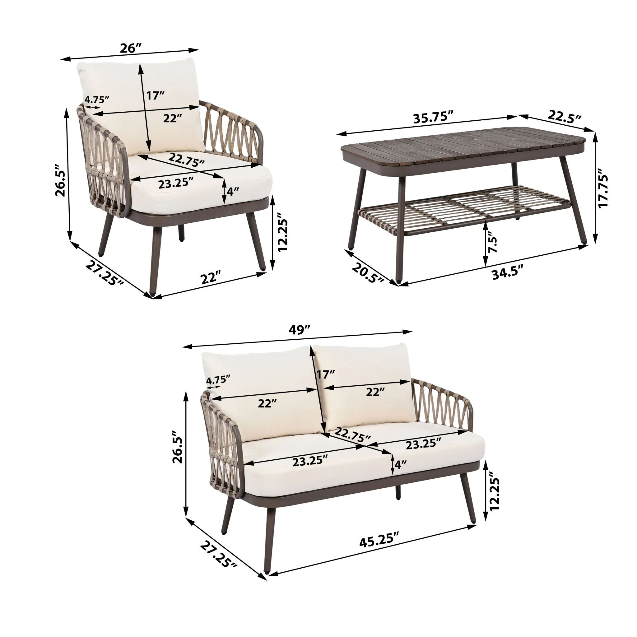 4 Piece Outdoor Patio Furniture Set, Metal Chairs With Woven Rope U Shaped Backrest - Image 7