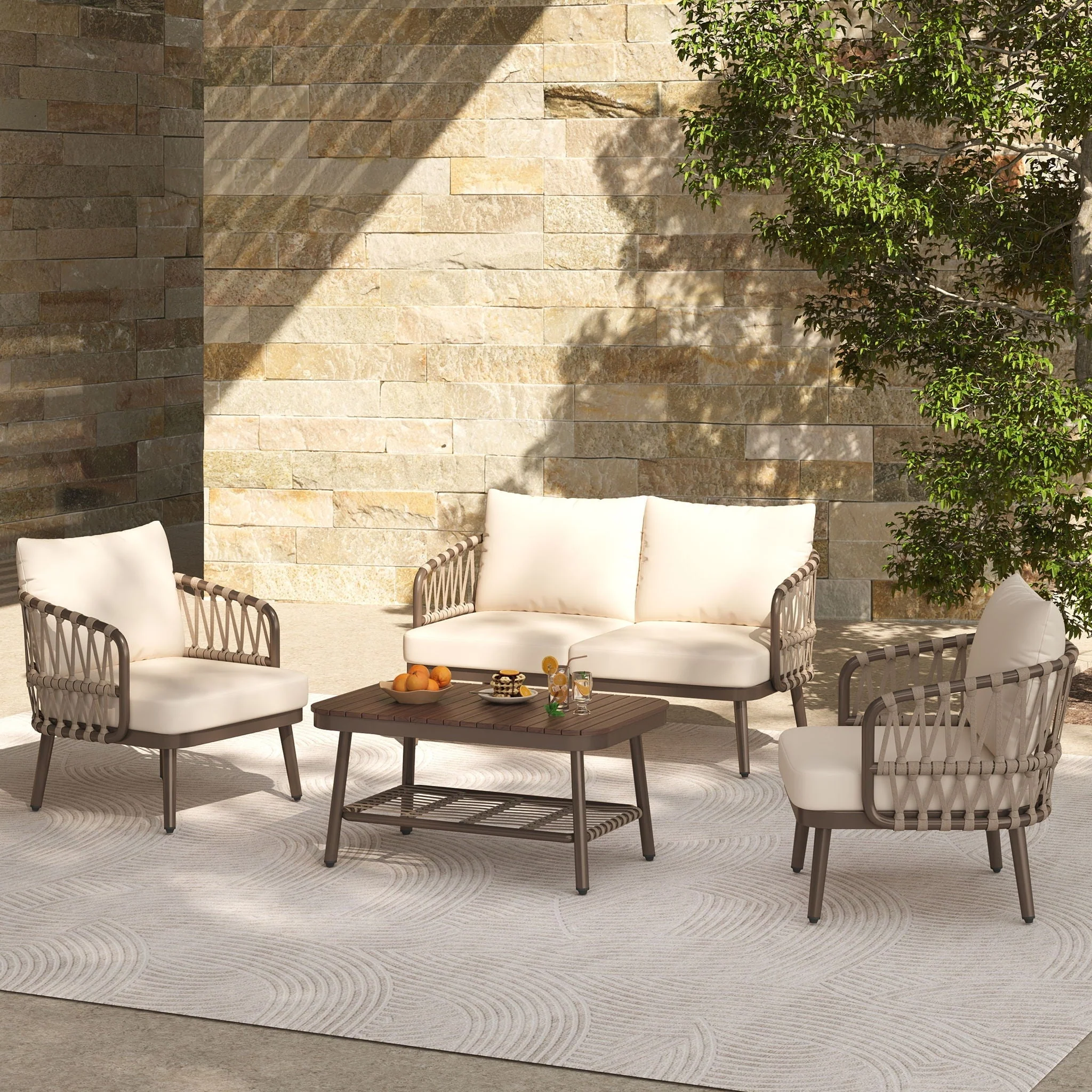4 Piece Outdoor Patio Furniture Set, Metal Chairs With Woven Rope U Shaped Backrest - Image 8